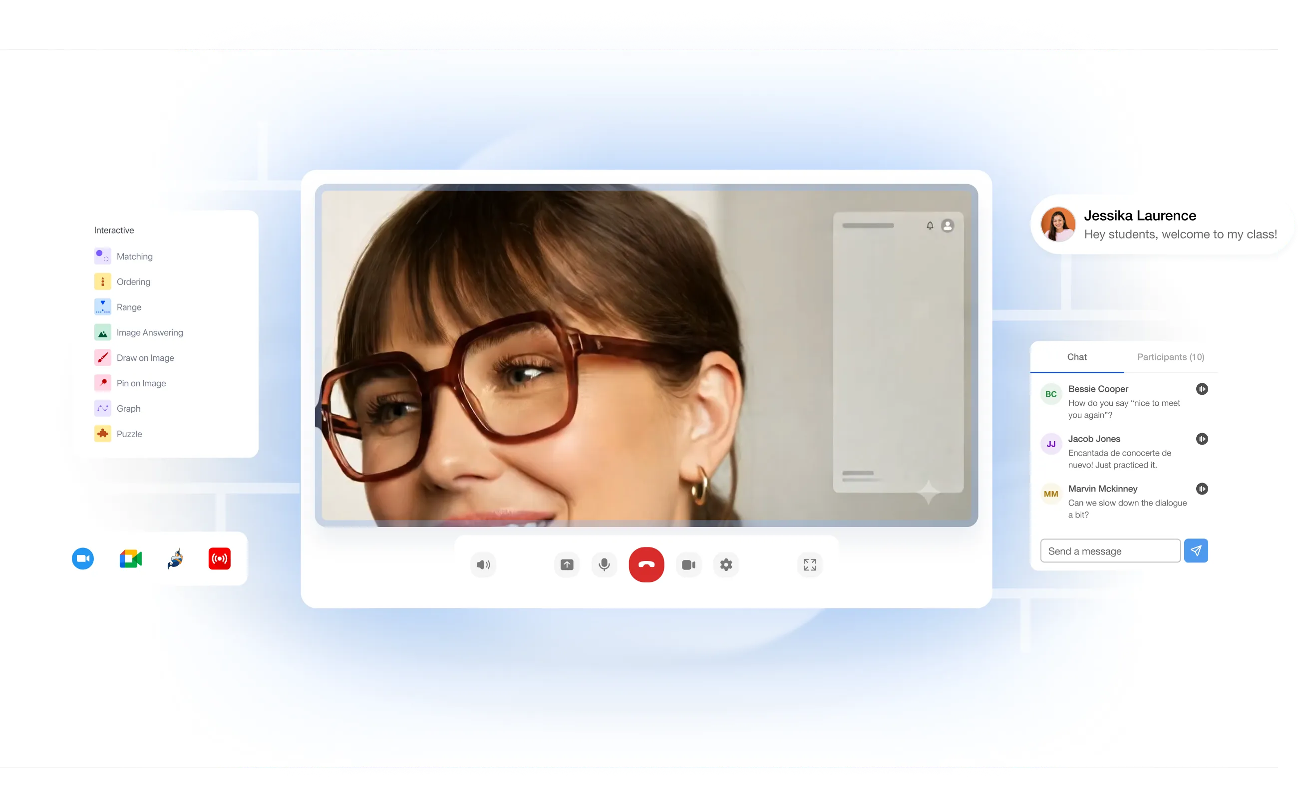 A live class interface inside TutorLMS showing an instructor, Jessika Laurence, teaching on video call with chat messages from participants visible on the right, video call controls below, an interactive question type panel on the left listing options like Matching, Ordering, and Pin on Image, and Zoom, Google Meet, and Jitsi integration icons at the bottom left.