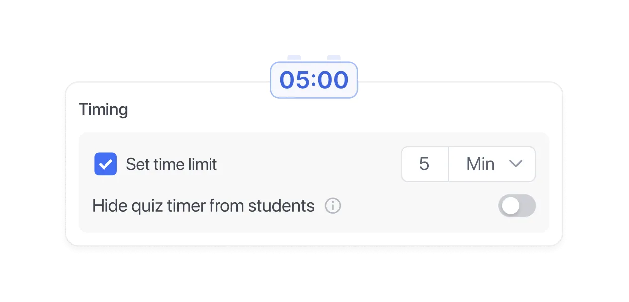 Quiz timing settings with five-minute time limit toggle