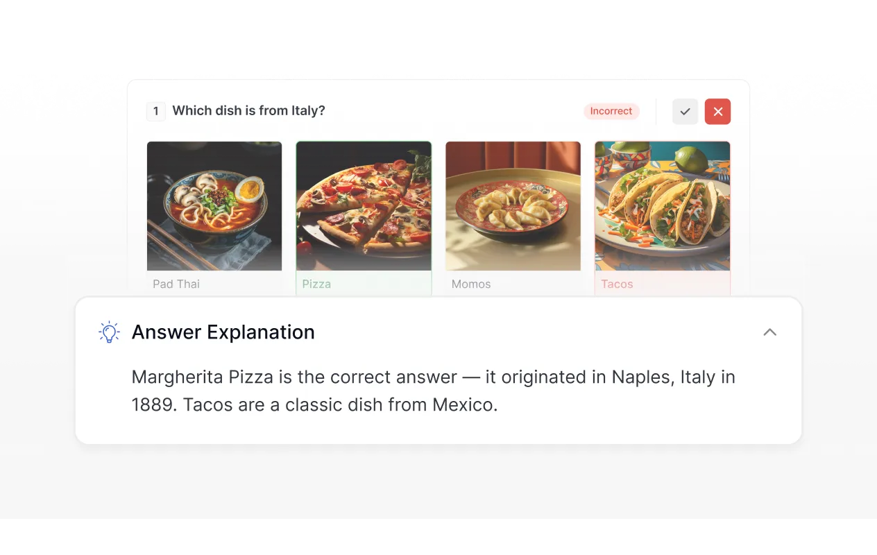 Wrong quiz answer with explanation panel shown