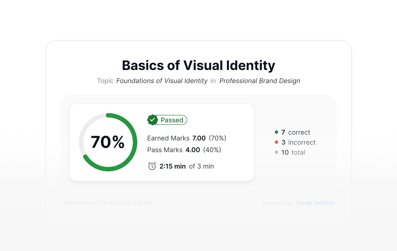 Quiz result card showing 70% score and passed status