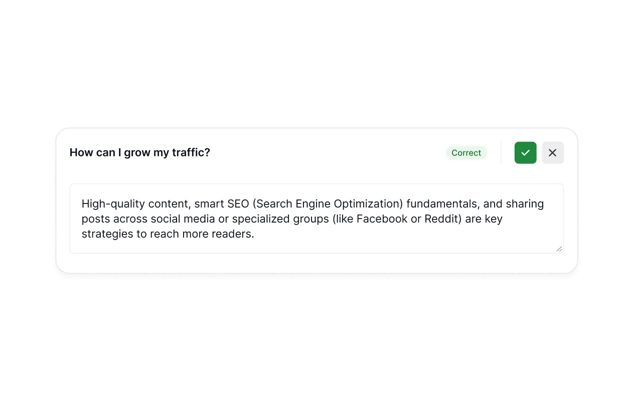 Open-ended quiz answer with manual review controls