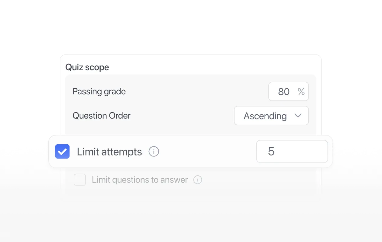 Quiz scope with passing grade and attempt limit settings
