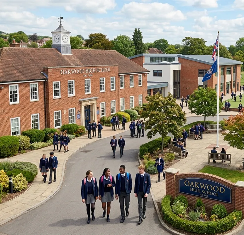 Students in navy school uniforms walk and gather across a well-kept campus between classes. The grounds feature a traditional red-brick building with a clock tower alongside a modern extension — conveying an established academic institution where structured learning meets an active student community.