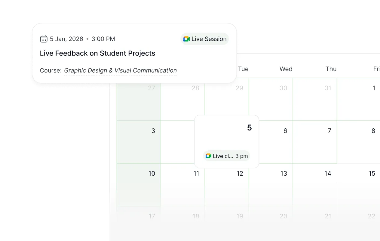 Student dashboard calendar displaying scheduled live class session