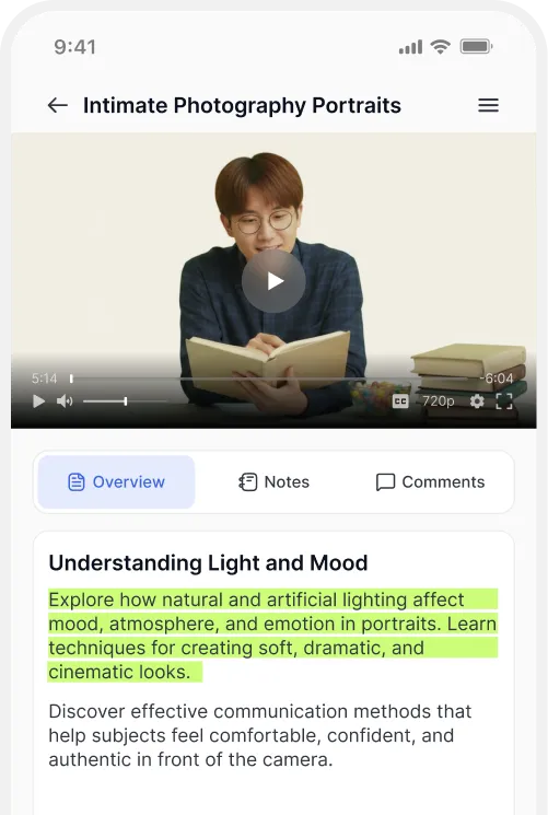 Mobile lesson view with note-taking popup and highlights