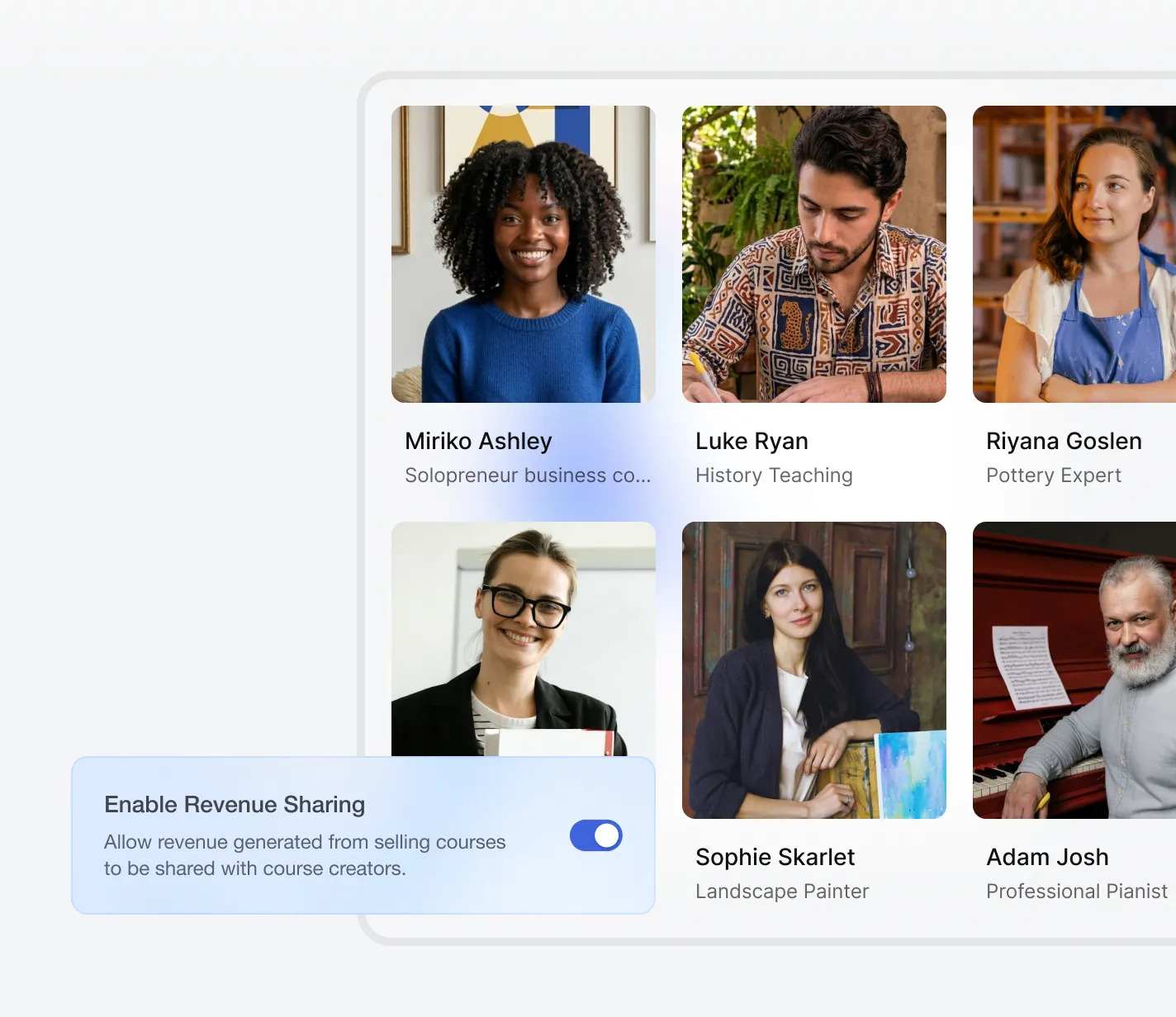 A  marketplace grid of six course creator profiles with an _Enable Revenue Sharing_ toggle switched on — allowing marketplace revenue to be shared with creators like Miriko Ashley, Luke Ryan, Riyana Goslen, Sophie Skarlet, and Adam Josh.