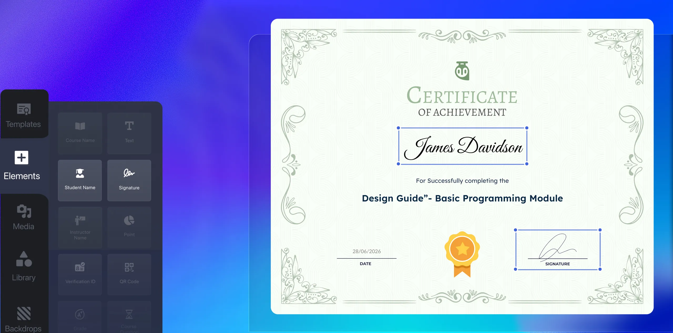 A TutorLMS certificate builder on a green-teal gradient background, with a dark left panel showing draggable elements — student name, signature, instructor name, verification ID, and QR code — alongside a live certificate preview awarded to James Davidson for completing the 