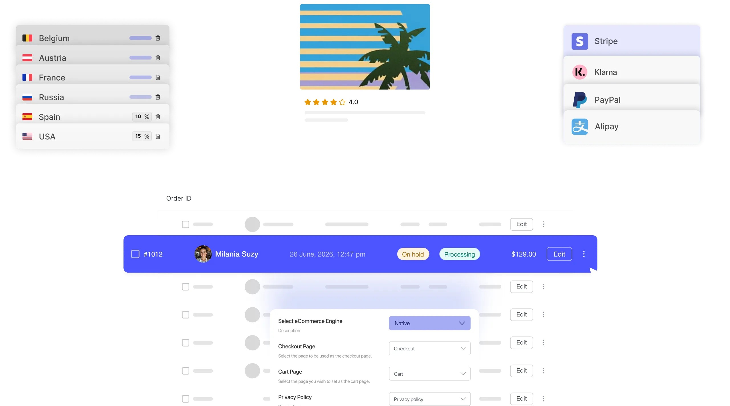 A TutorLMS eCommerce dashboard with an eCommerce engine selector panel on the left, a course card with a 4.0 star rating in the center, a payment methods panel showing PayPal, Stripe, and RazorPay on the top right, an order management table