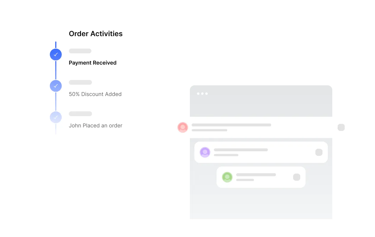 A TutorLMS order activity timeline showing payment received, a 50% discount applied, and order placement — illustrating how instructors can track and manage every order step, apply custom discounts, and update order status from a single d.png