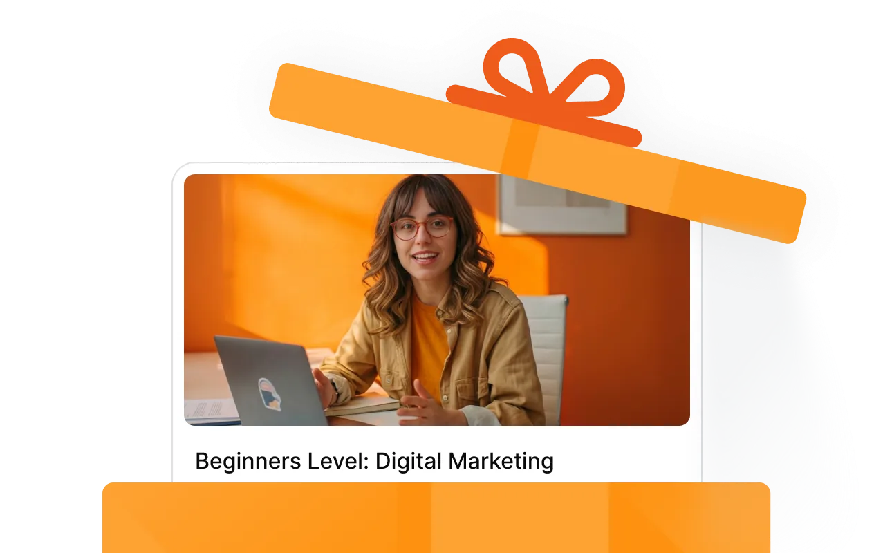 A _Beginners Level_ Digital Marketing Fundamentals_ course card wrapped in a gift bow illustration — showing how TutorLMS lets anyone purchase and send a course as a gift,