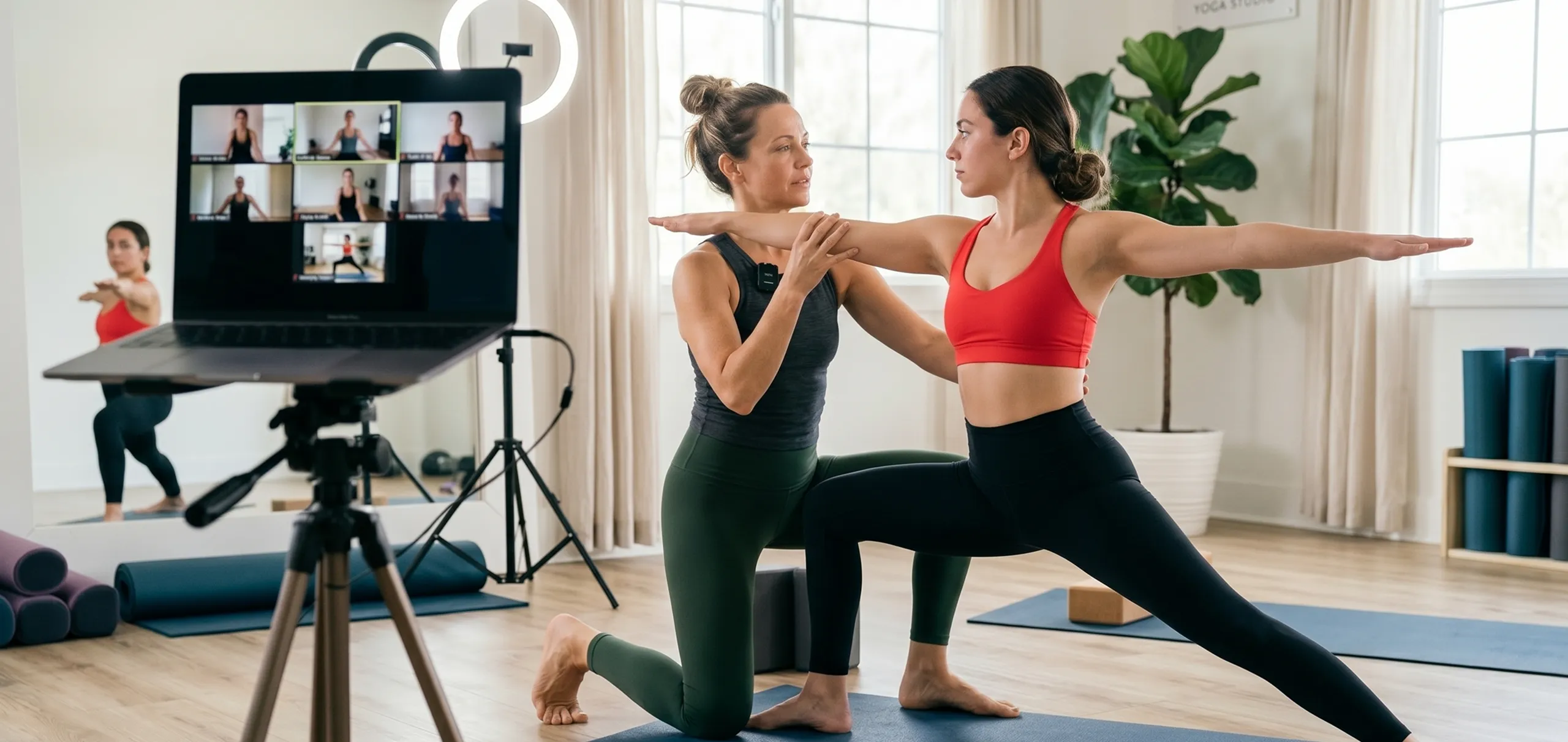 A certified yoga instructor guides a student through a pose correction during a live online session, with a laptop and ring light setup visible in the foreground streaming to remote participants. The professional studio setting — mats, props, and camera equipment — reflects a credentialed instructor delivering structured, certifiable training both in-person and online.