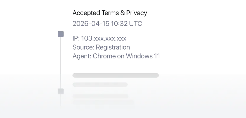A consent log entry showing _Accepted Terms & Privacy_ on 2026-04-15 at 10_32 UTC, with IP address, registration source, and Chrome on Windows 11 as the browser agent.