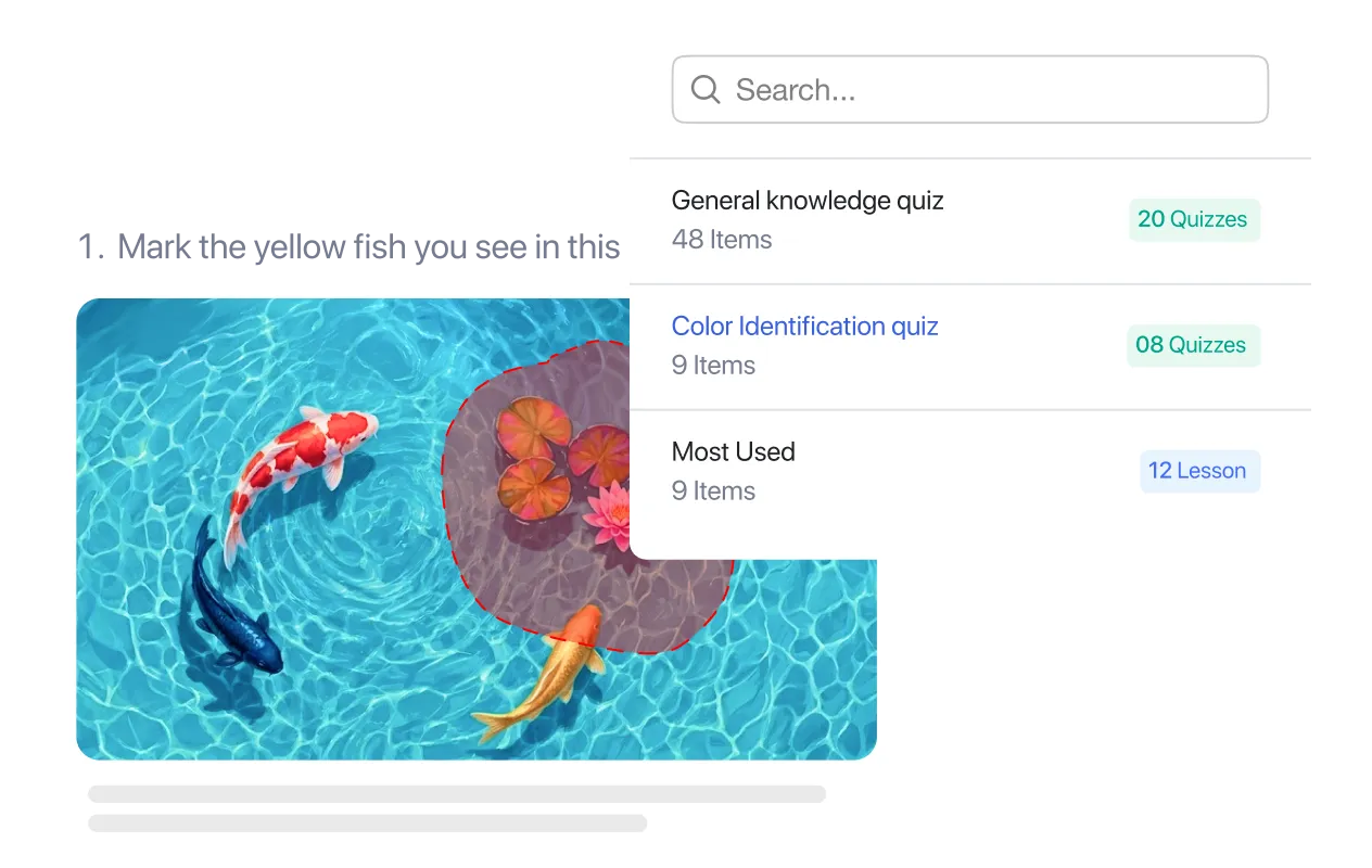 A koi fish identification quiz with a searchable content bank panel showing reusable items like