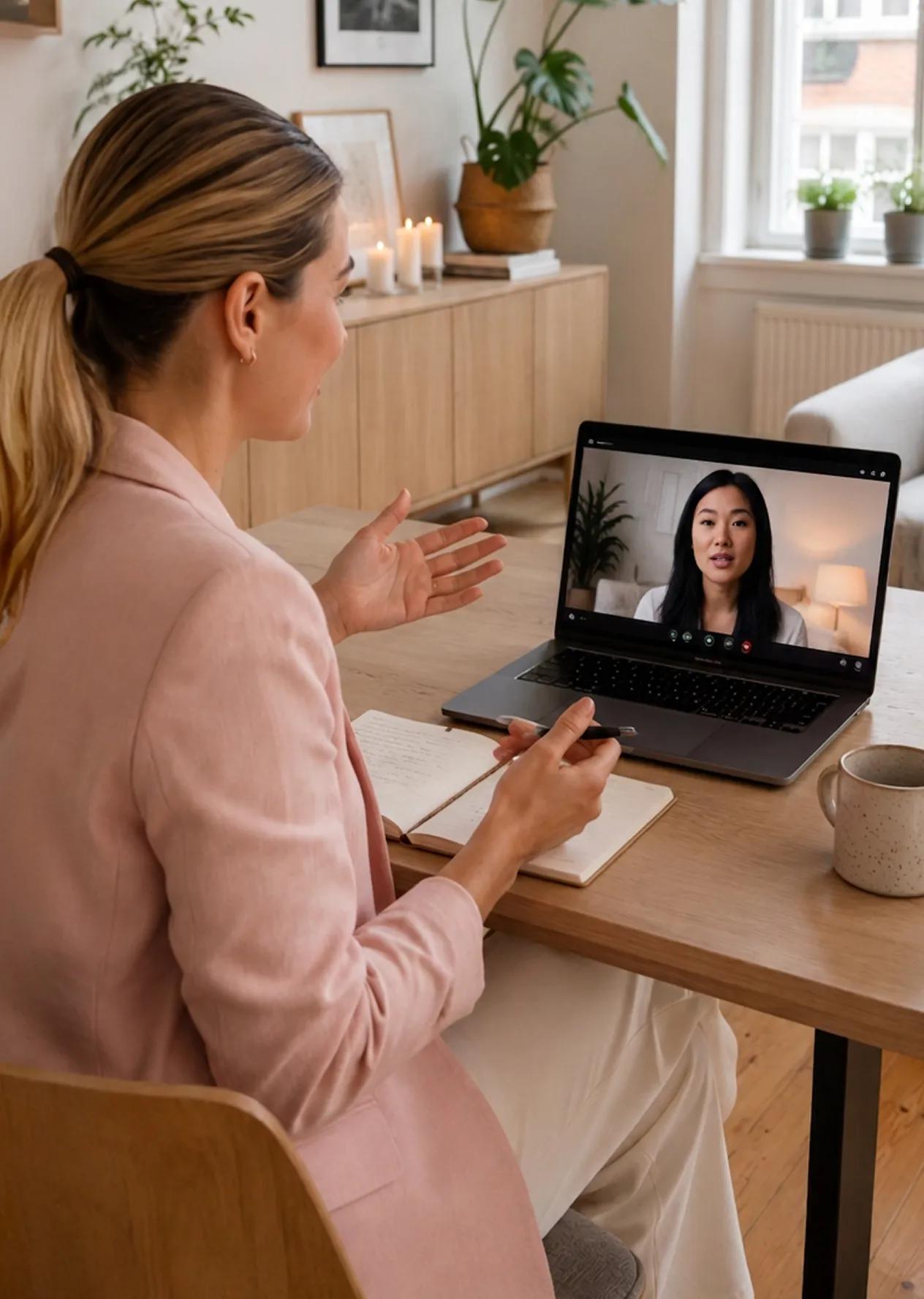 A life consultant woman in a pink blazer seated at a table with a laptop open to a video call with another woman, a lit candle, potted plants, a notebook, and a coffee mug on the table. 