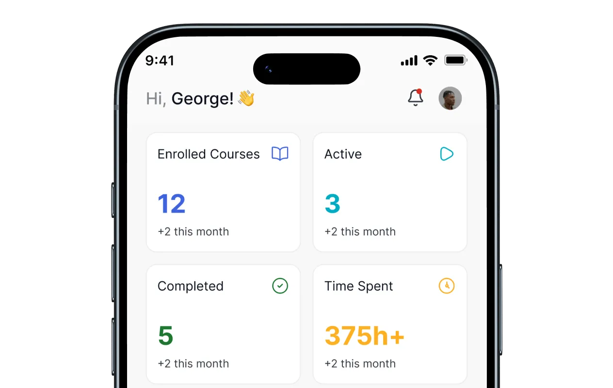 A mobile student dashboard greeting _George_ with stats showing 12 enrolled courses, 3 active, 5 completed, and 375+ hours spent learning, set against a purple gradient background. (1)