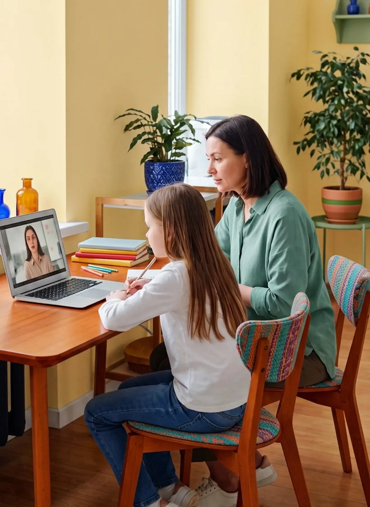 A mother and her young girl seated together at a wooden desk, girl writing while looking at a laptop screen showing a video call with an instructor. Potted plants, a framed picture, and colorful patterned chairs are visible in the background. Positioned as the left-column image beside stacked cards under the heading.