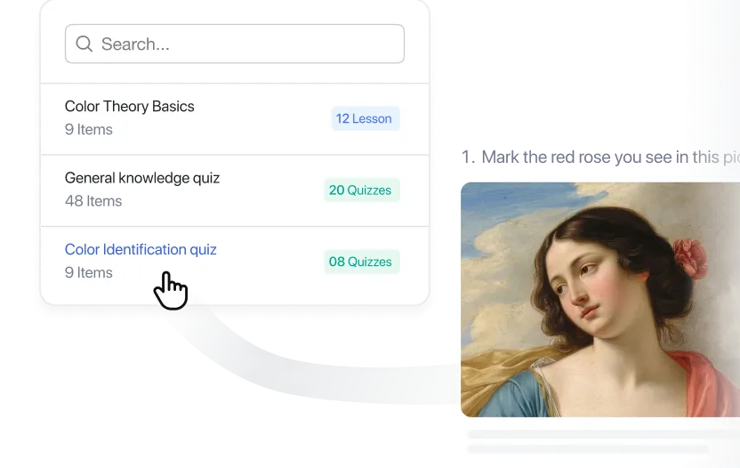 A searchable content library listing _Color Theory Basics_ with 12 lessons, _General knowledge quiz_ with 20 quizzes, and _Color Identification quiz_ with 8 quizzes — alongside a quiz question preview with a classical painting image.