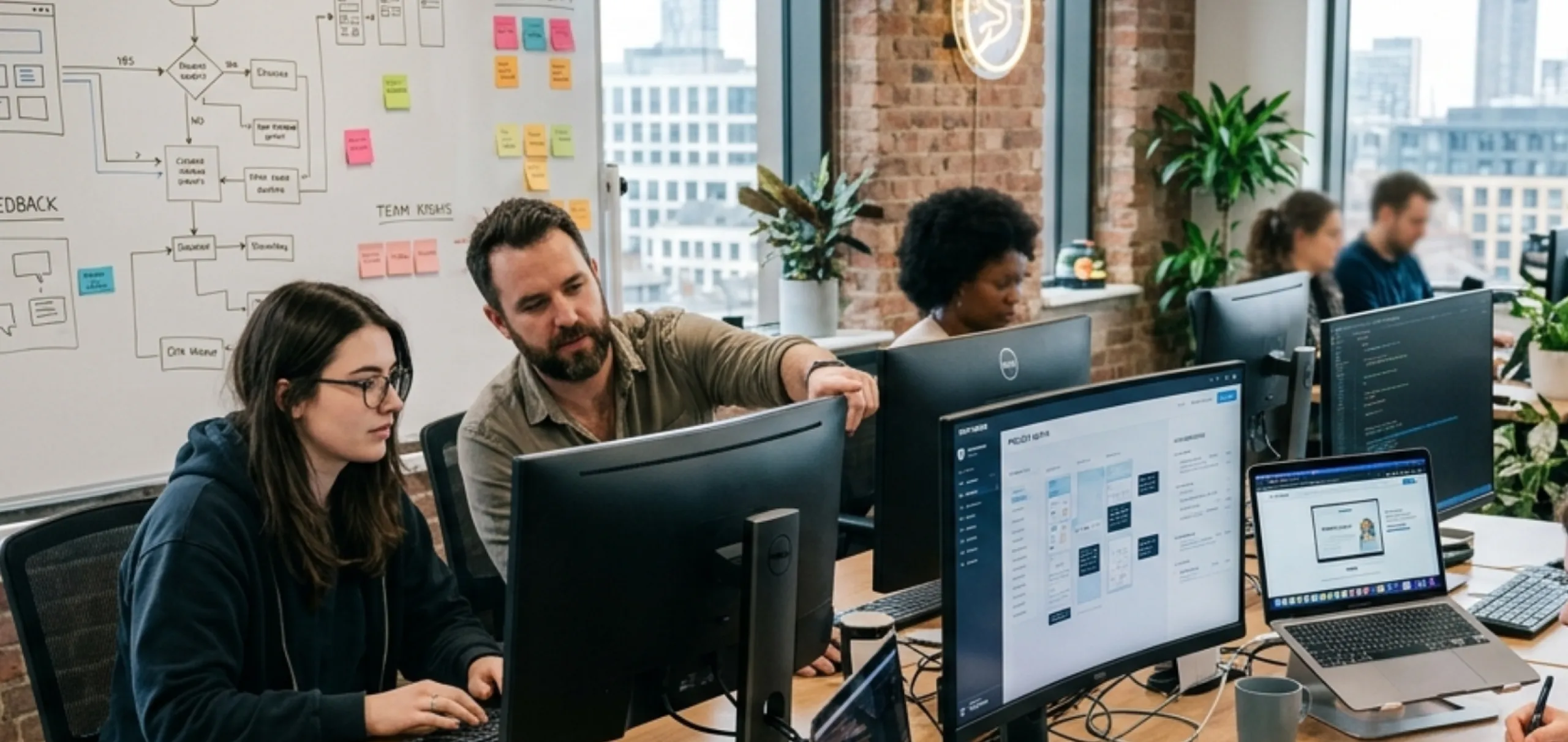 A team collaborates in a modern open-plan office, with a colleague pointing at a monitor while reviewing work together. A whiteboard behind them shows flowcharts and sticky notes organized under sections like