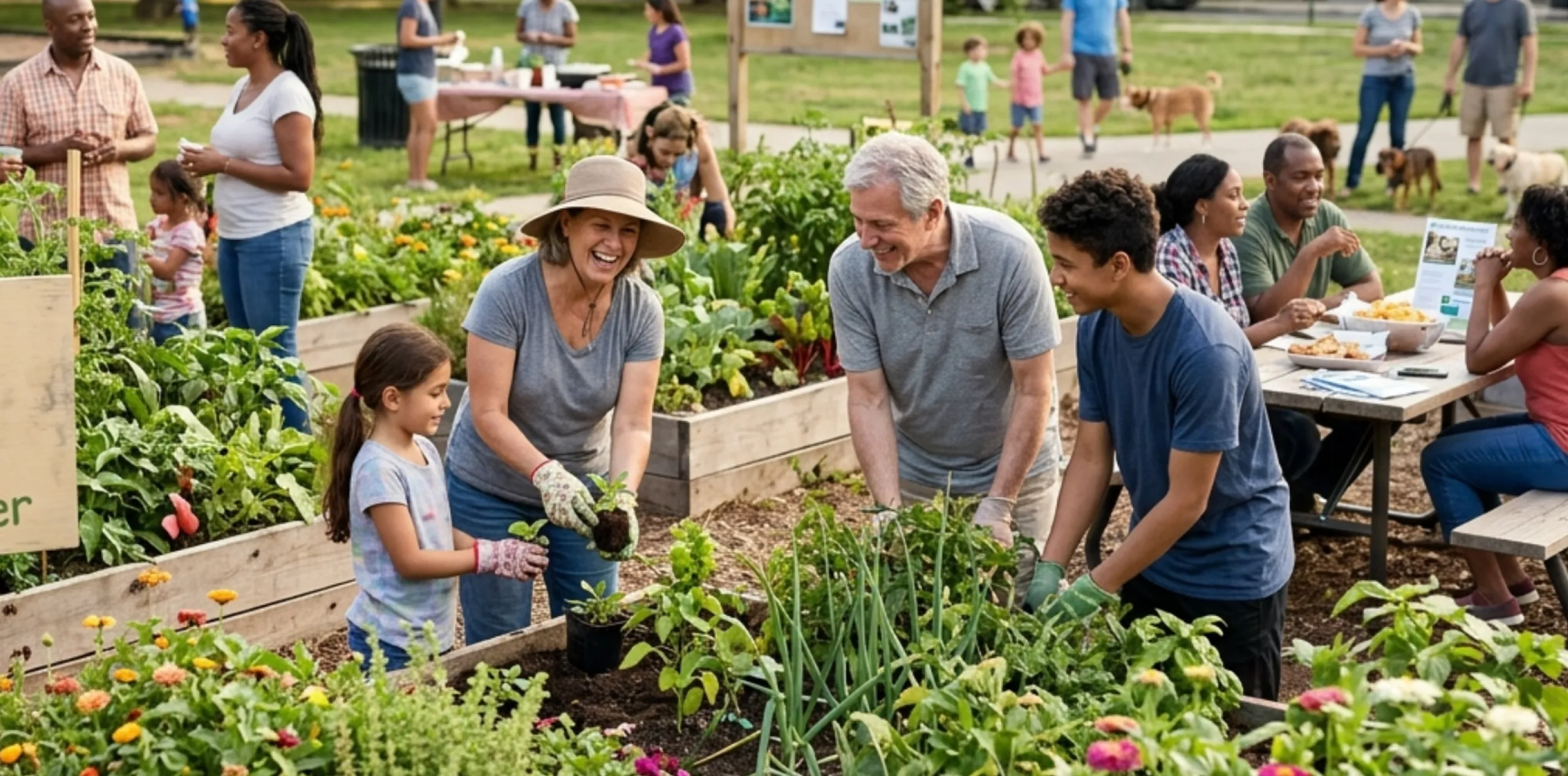 A volunteer mentor and a young girl plant seedlings together in a community garden, laughing as families work alongside them in the background — capturing the spirit of nonprofits and community organizations that bring people together to learn, grow, and support one another.