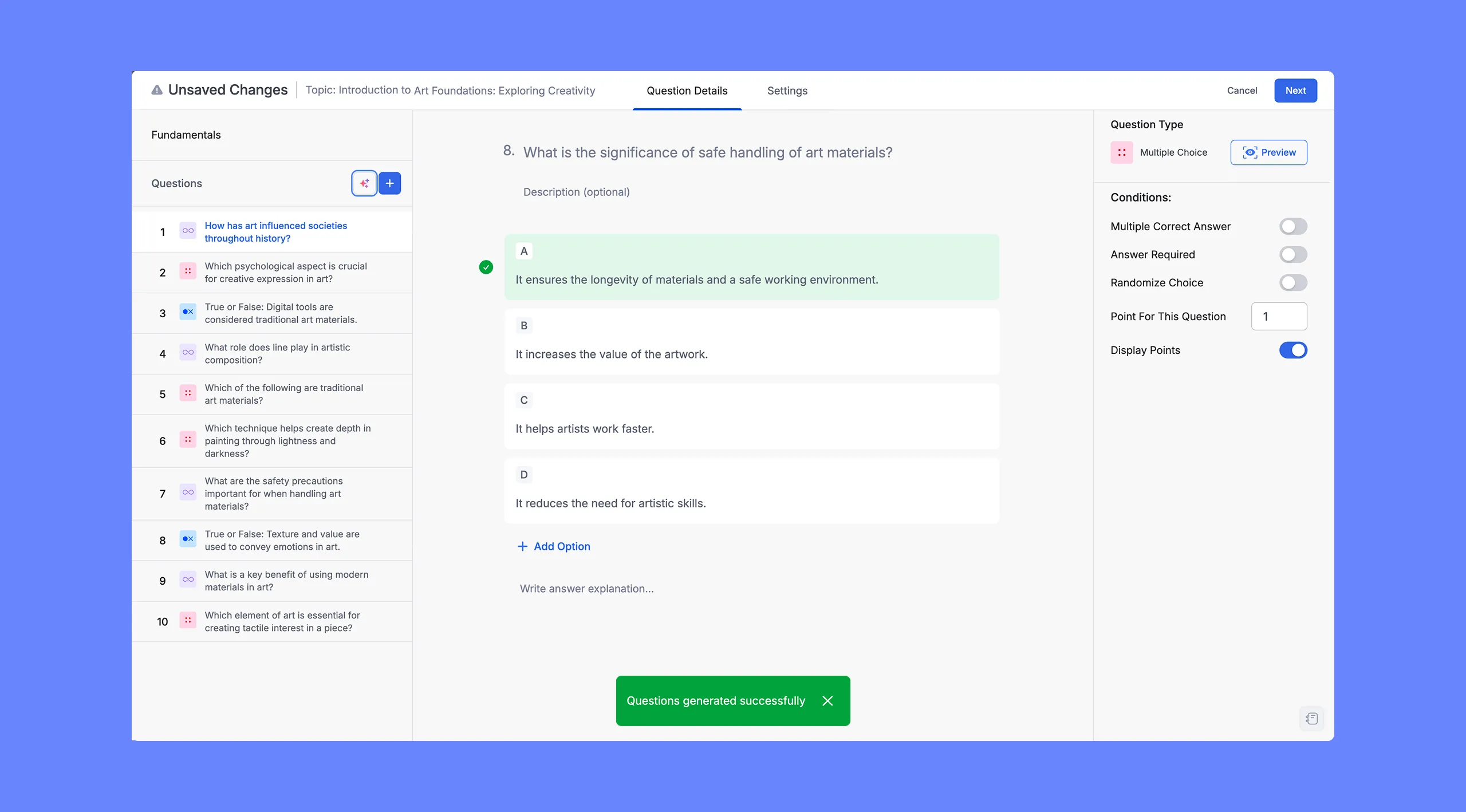 AI Quiz Generator Question Generated Successfully