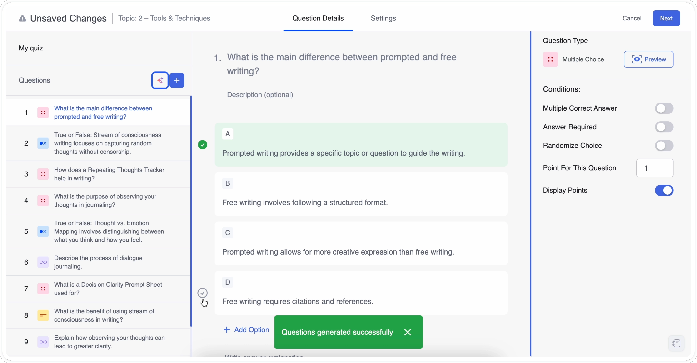 AI Quiz Generator Question Generated Successfully