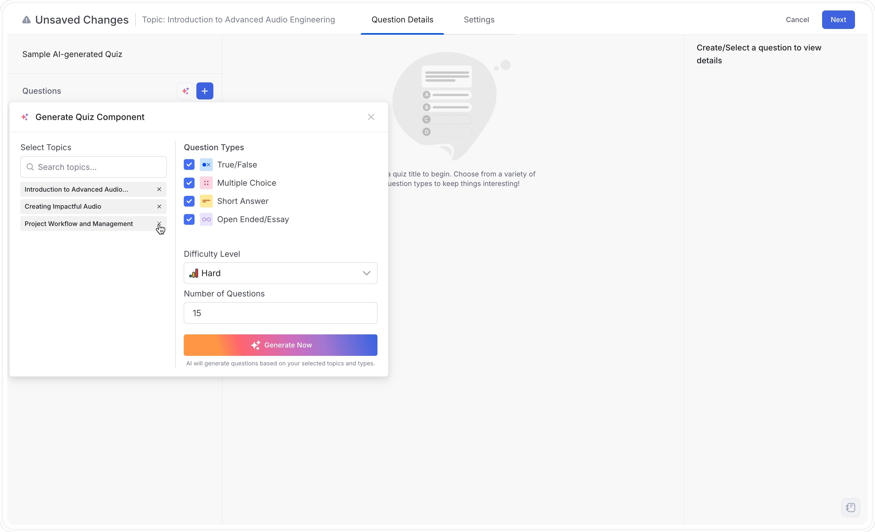 AI Quiz Generator Remove Topics in Quiz Question Creation