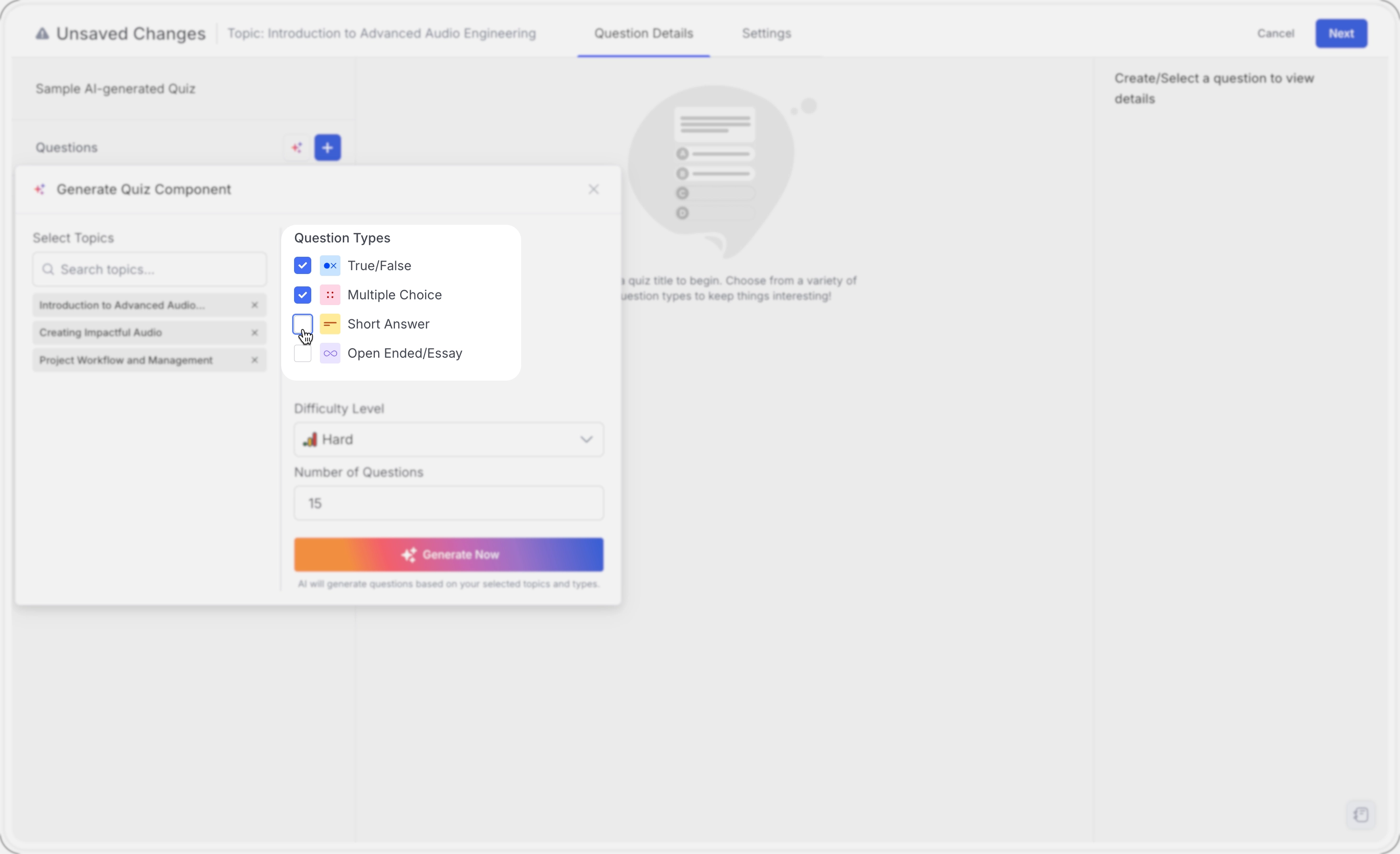 AI Quiz Generator Select Question Type
