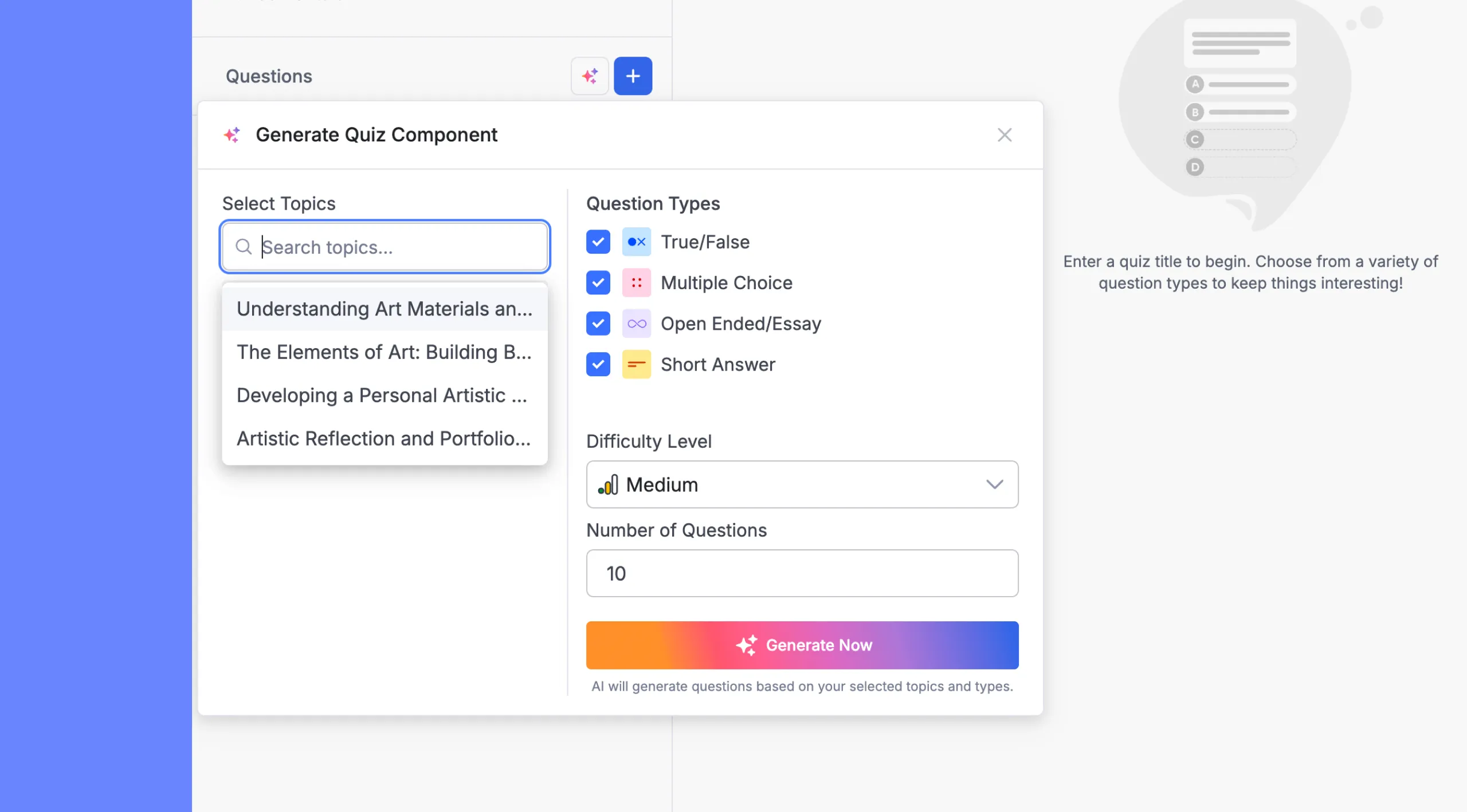 AI Quiz Generator Select Topics TO be Covered in Quiz Question Creation
