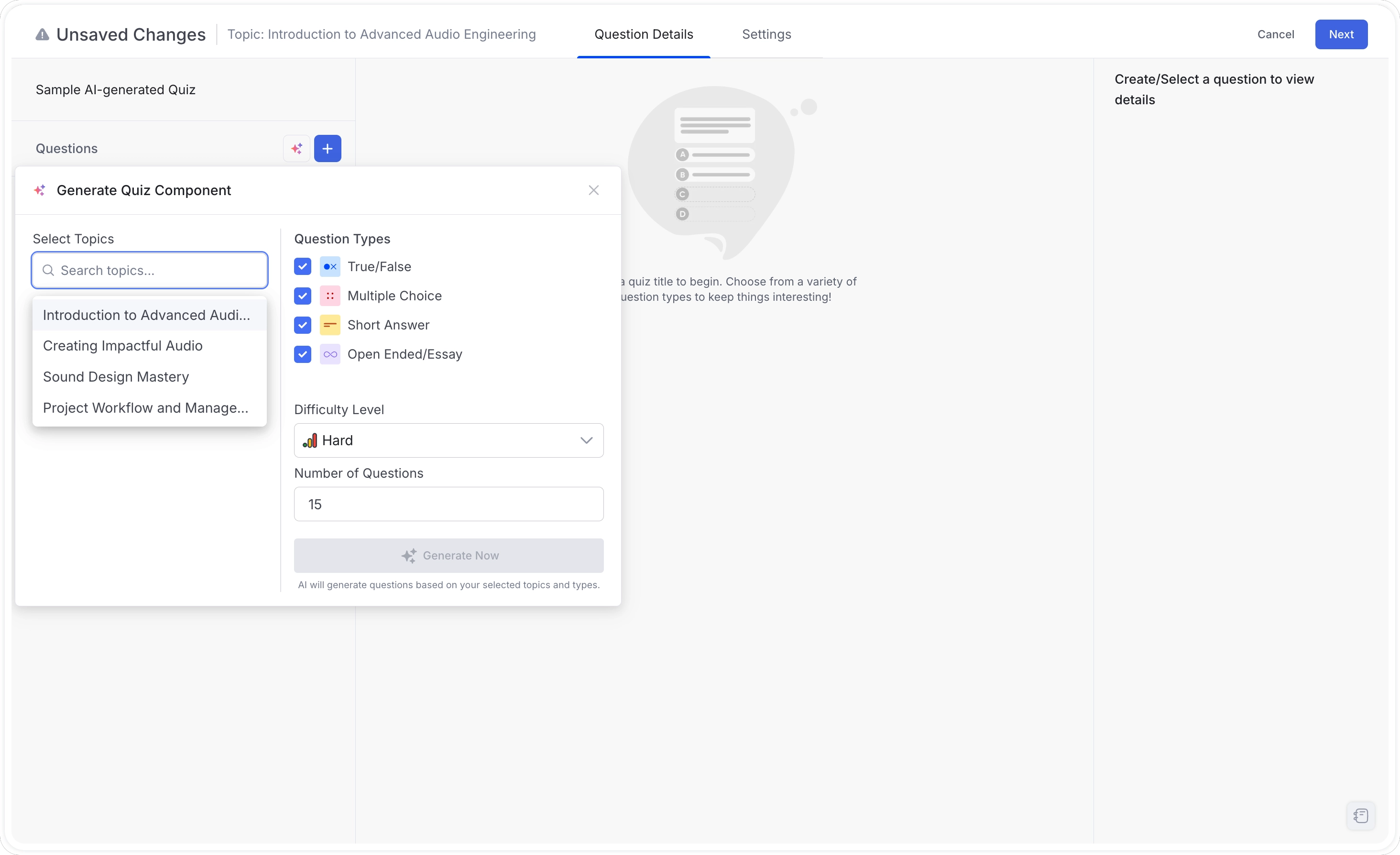 AI Quiz Generator Select Topics TO be Covered in Quiz Question Creation