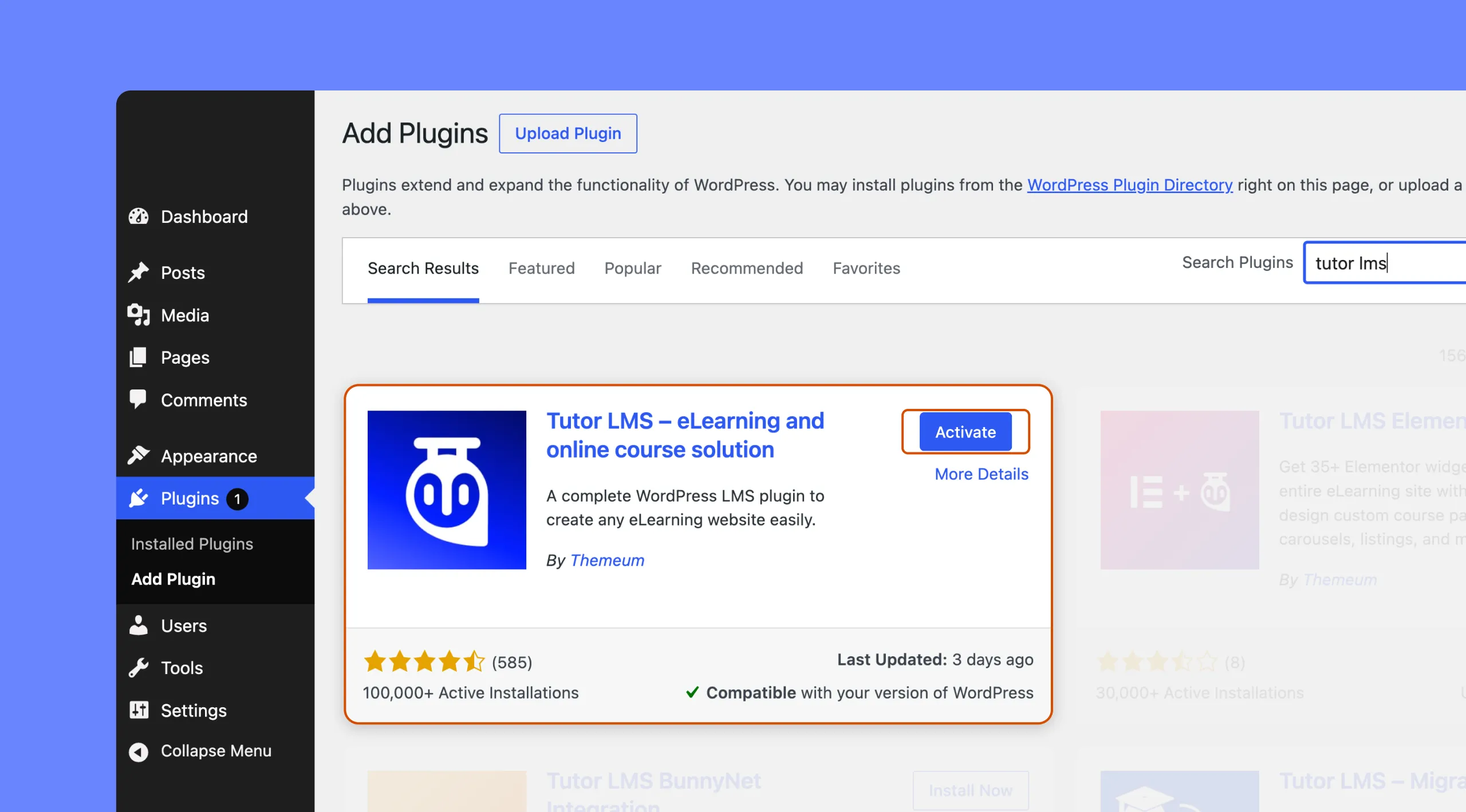 Activate Tutor LMS Free Plugin