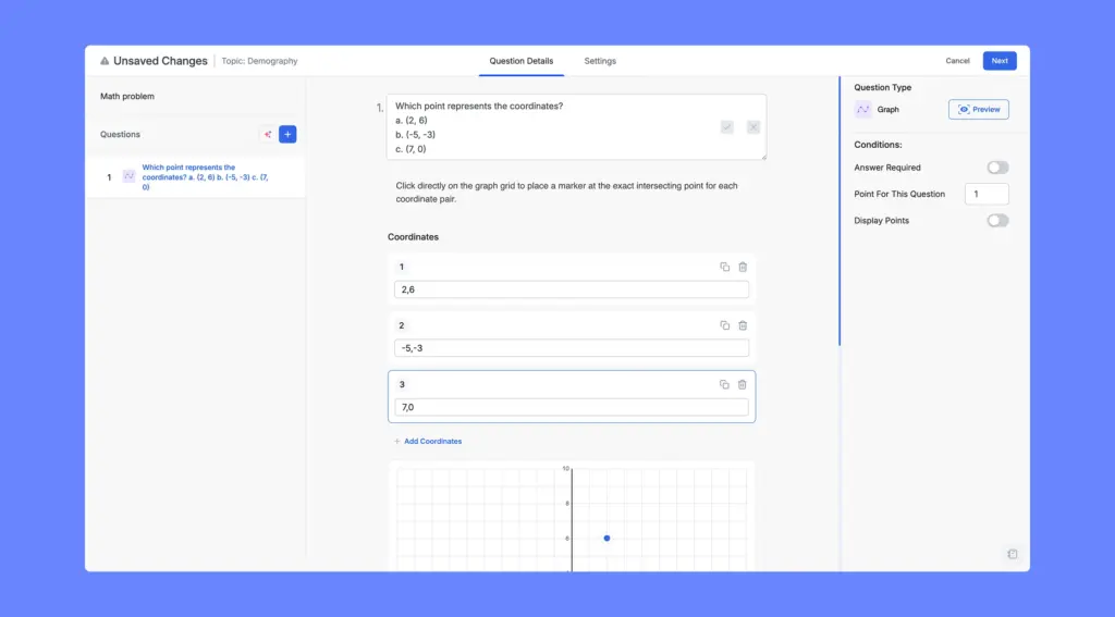 Add question, Coordinates- Graph quiz qestion