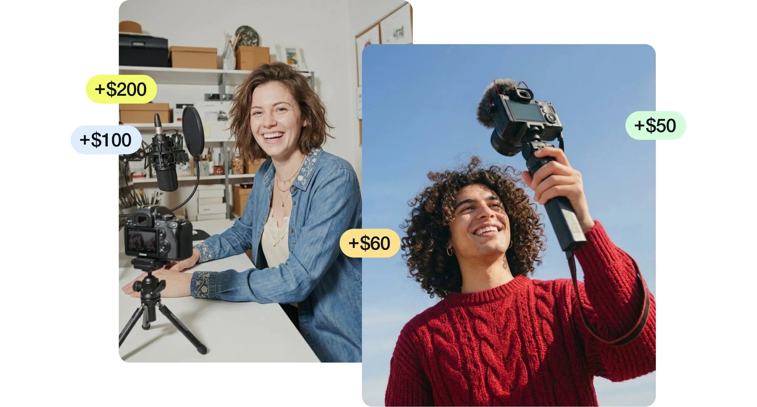Two content creators with cameras and microphones, each with floating commission earning badges — +$200, +$100, +$60, and +$50 — illustrating how TutorLMS affiliates earn commissions by promoting the platform.