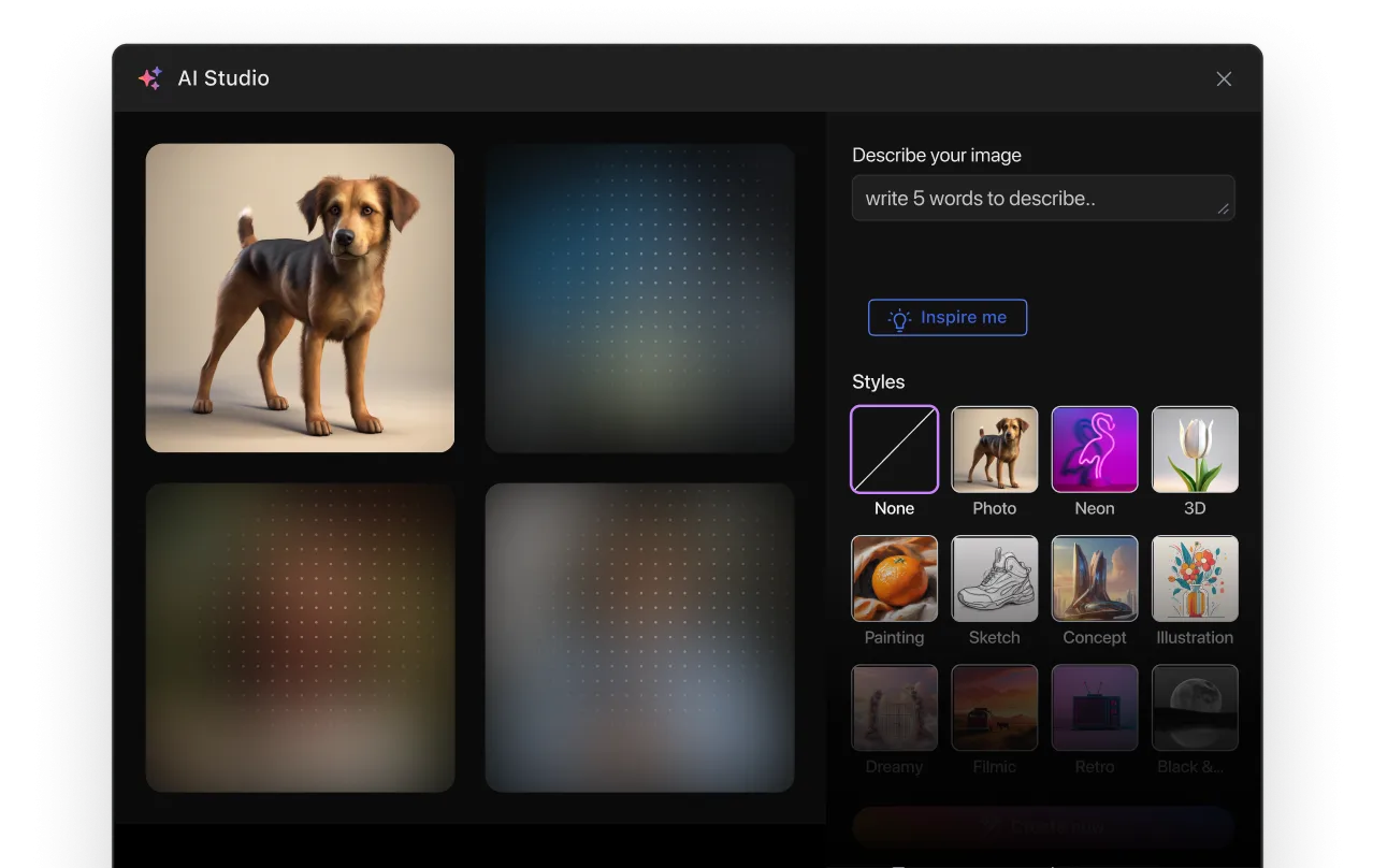 An AI Studio image generator showing a description field, style options like Photo, Neon, 3D, Painting, and Illustration, and a generated dog image alongside placeholder image tiles.