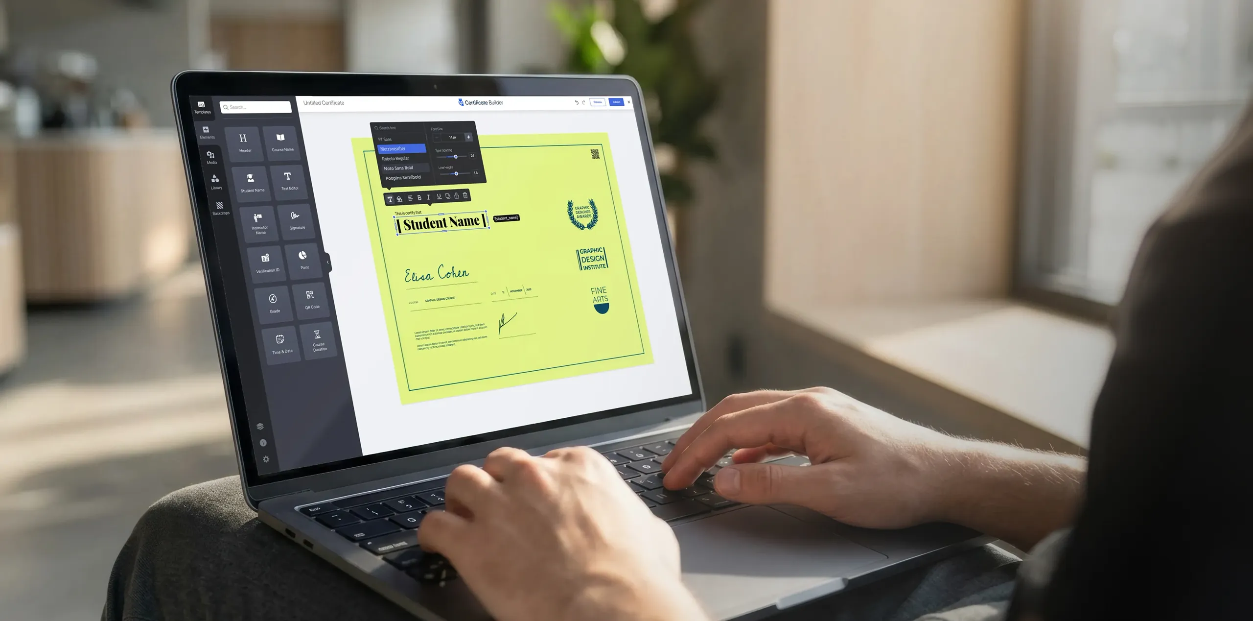 An instructor designs a certificate in the TutorLMS Certificate Builder on a laptop, with a yellow Graphic Design Institute template open showing a student name field and Elisa Cohen's signature — with callouts on the right highlighting QR code verification, unique certificate IDs, and instructor signature support.