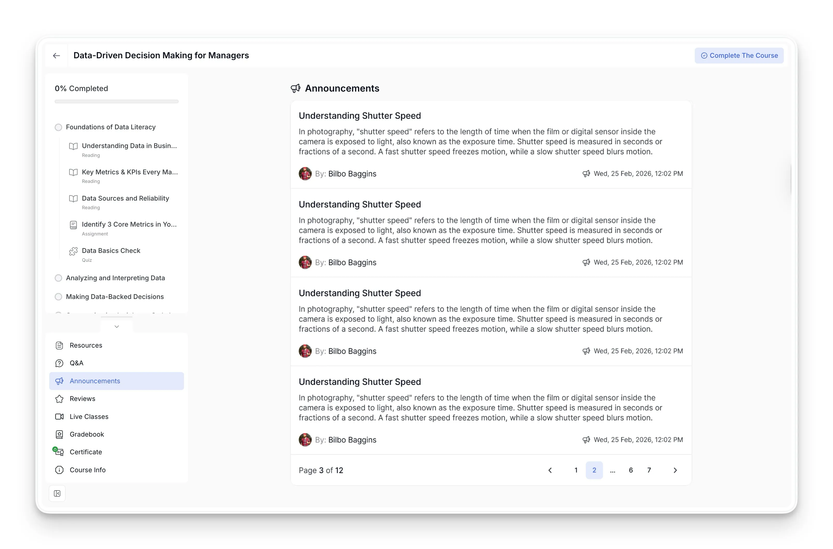 Announcements Tab Tutor LMS