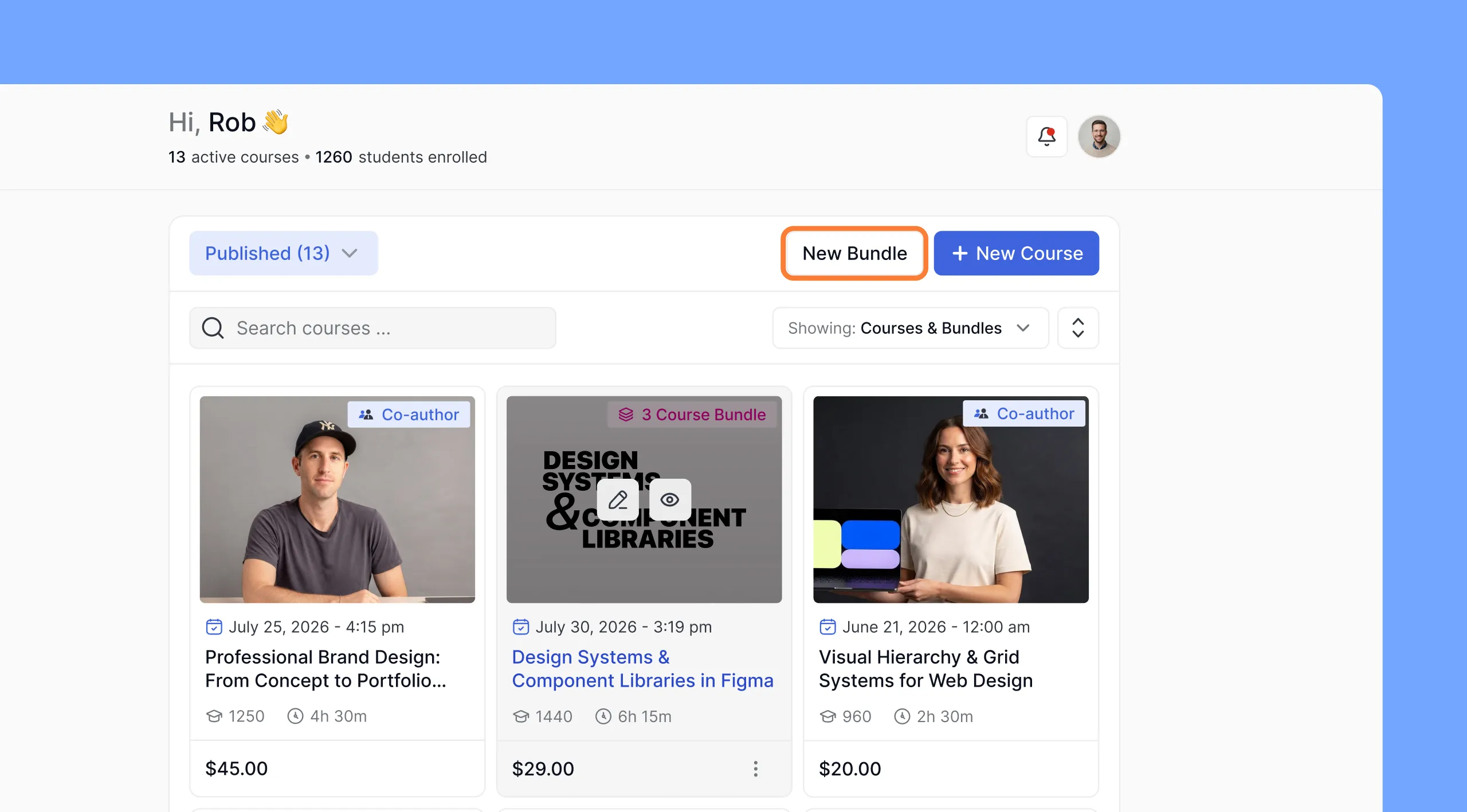 Bundle Course Builder instructor dashboard