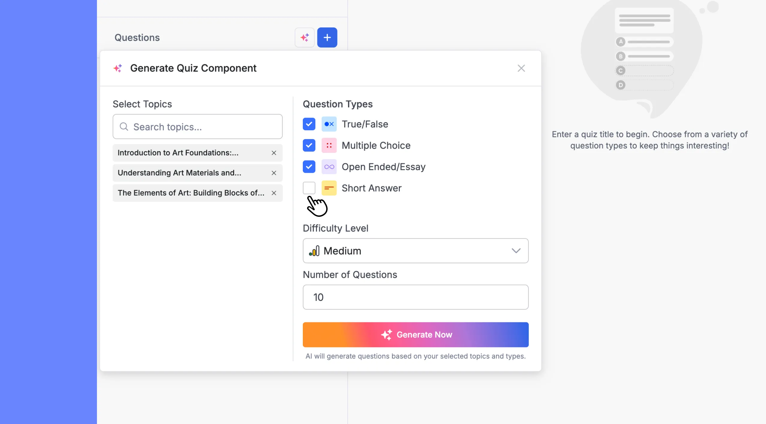 AI Quiz Generation- Choose the types of questions