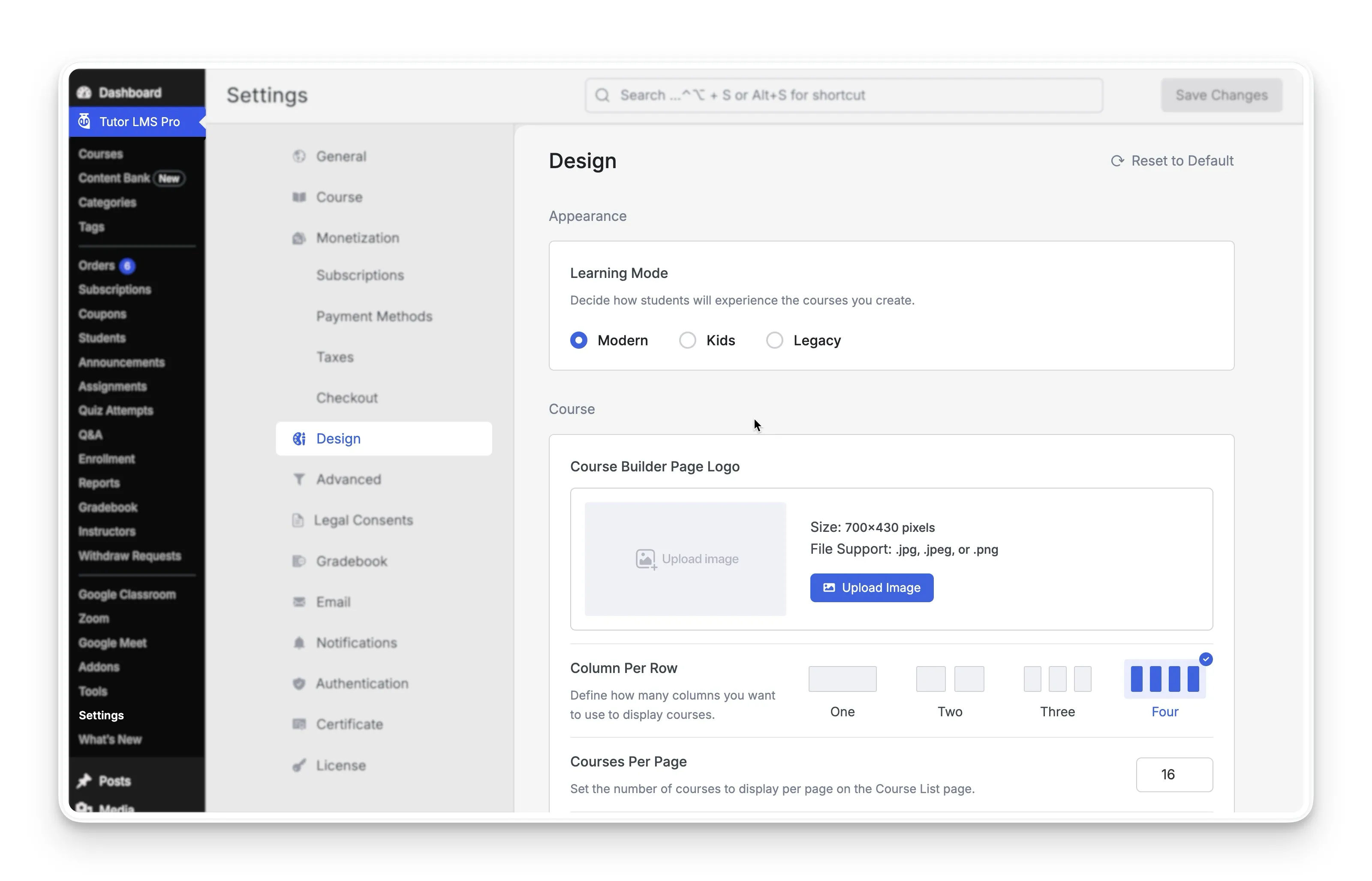 Tutor LMS Settings- design