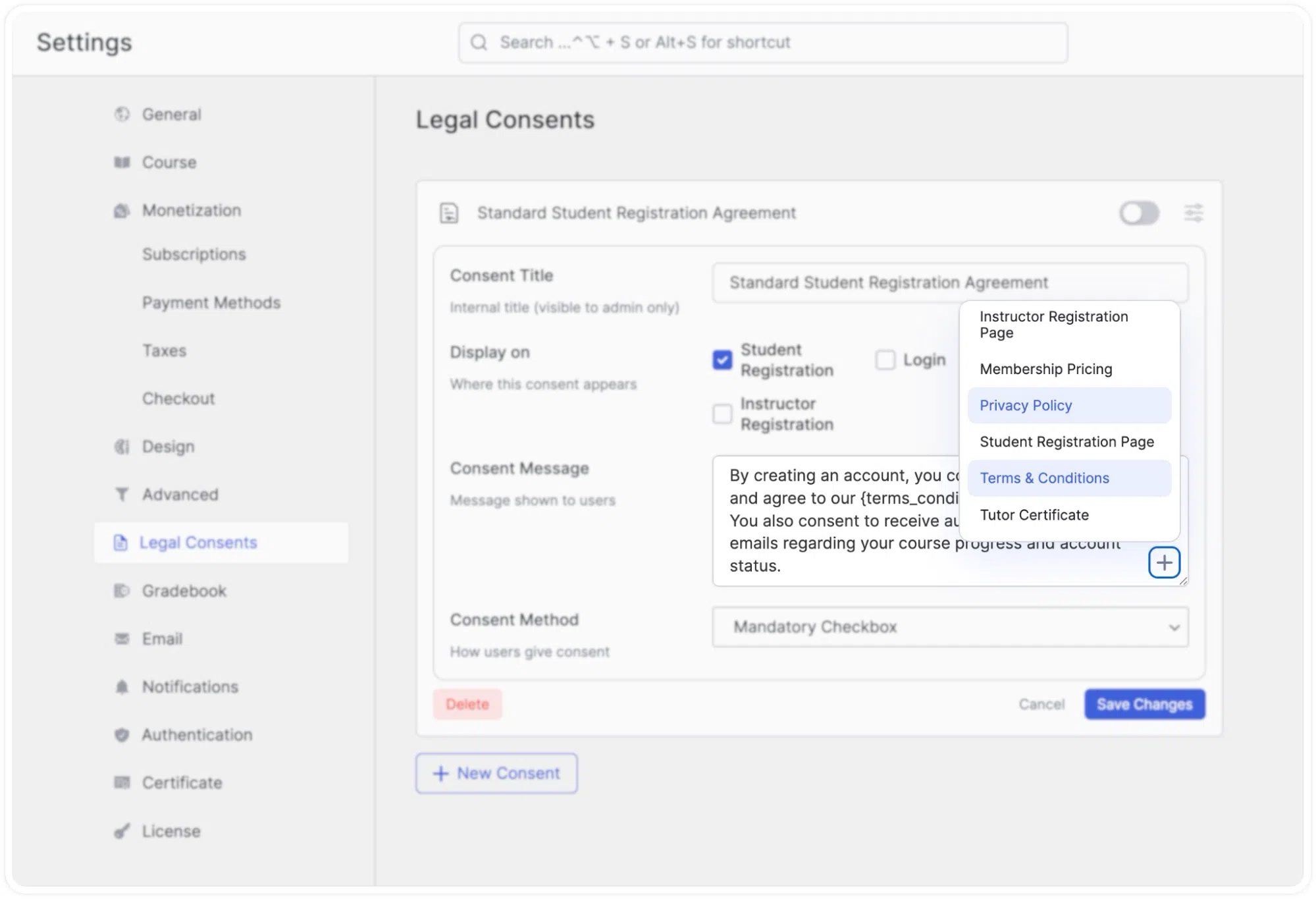Creating a New Consent- Add Page Link to Content Message