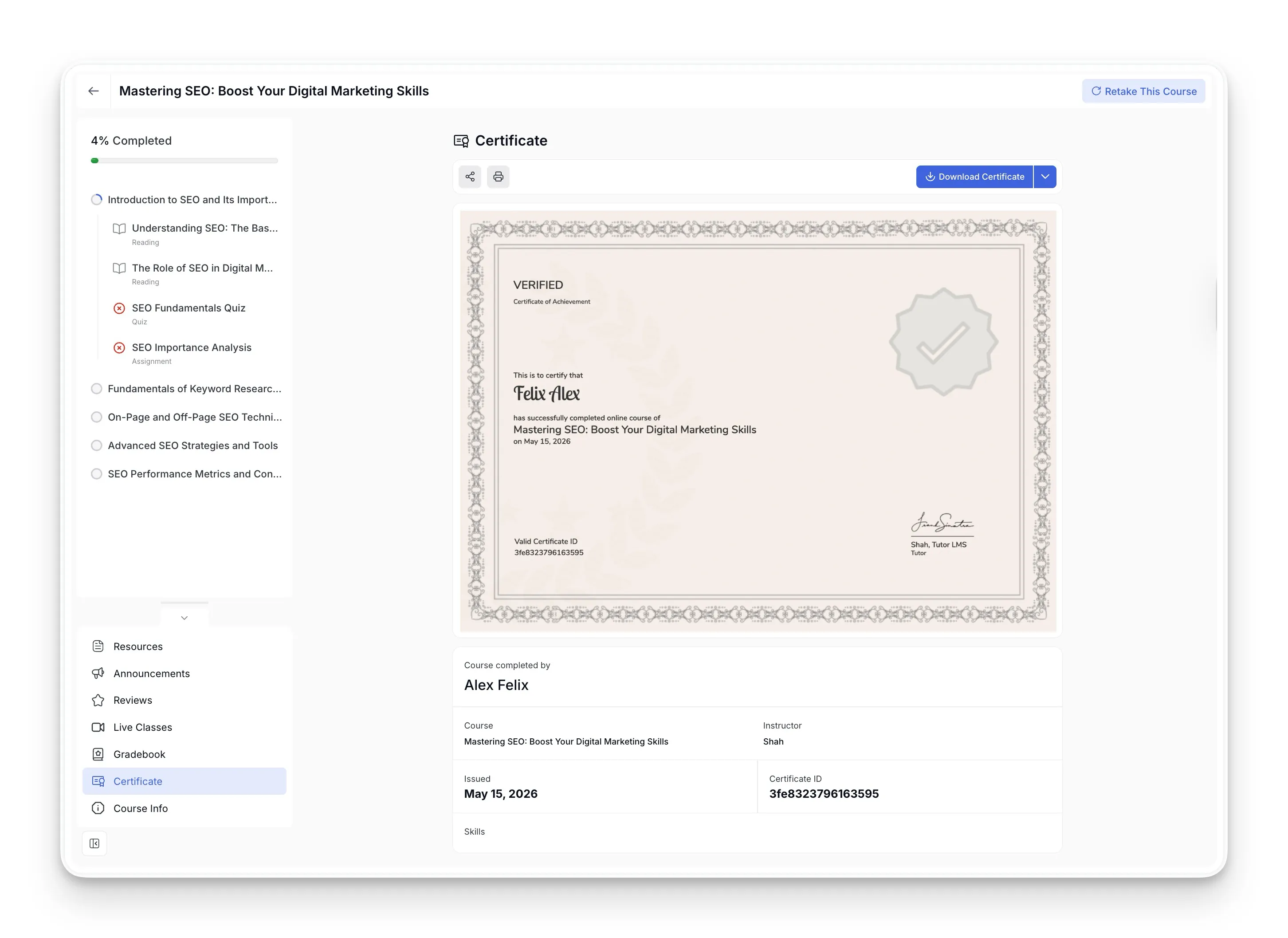 Download Certificate of Course Completion with unique id for verification