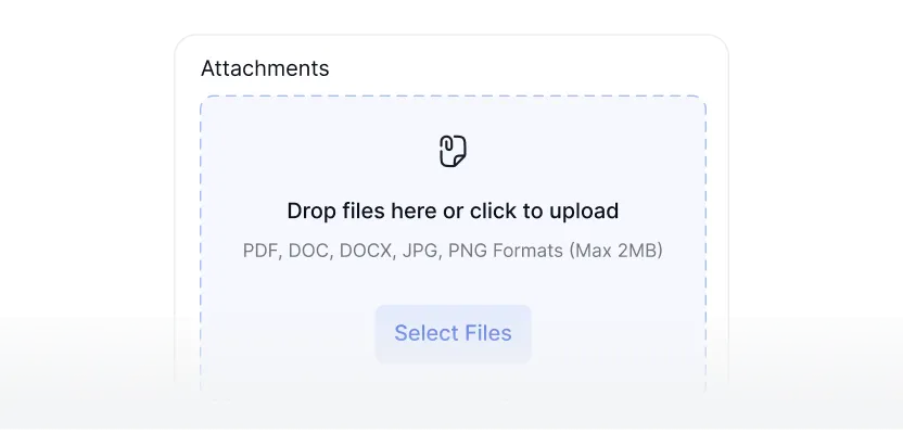 File upload dropzone accepting PDF, DOC, JPG formats