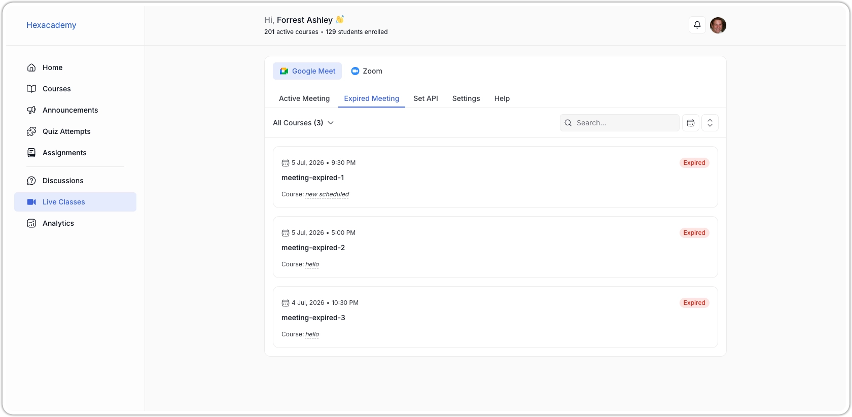 Google Meet Expired Meetings