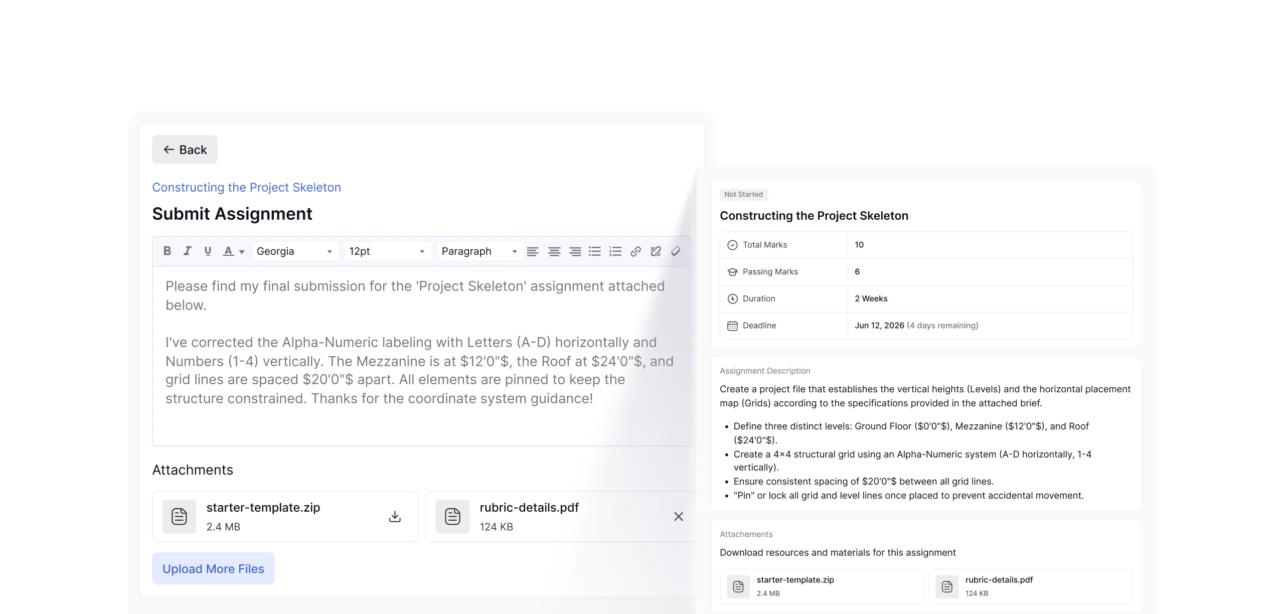 Assignment submission page with deadline and file attachments