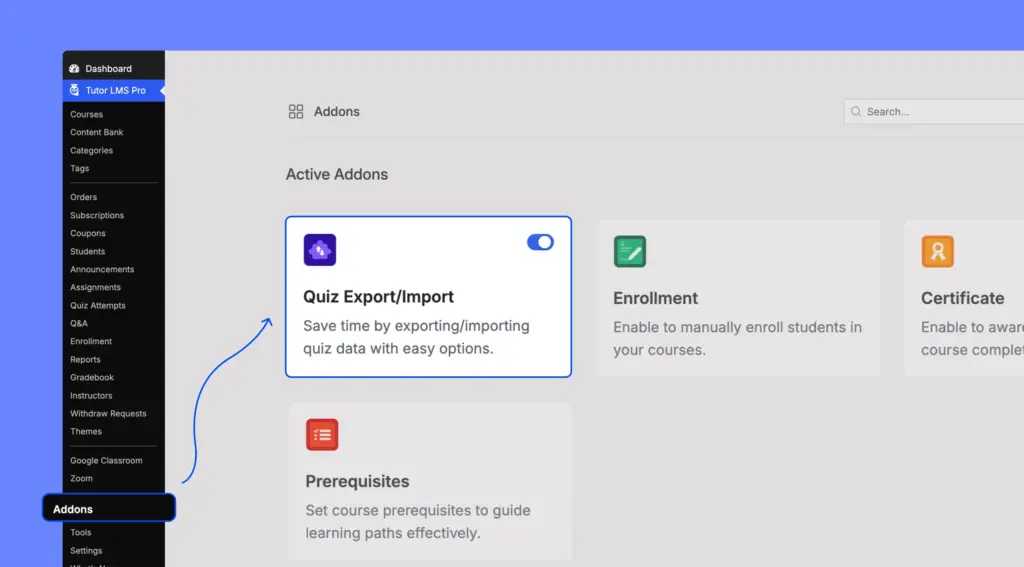 Quiz export/import addon in Tutor LMS