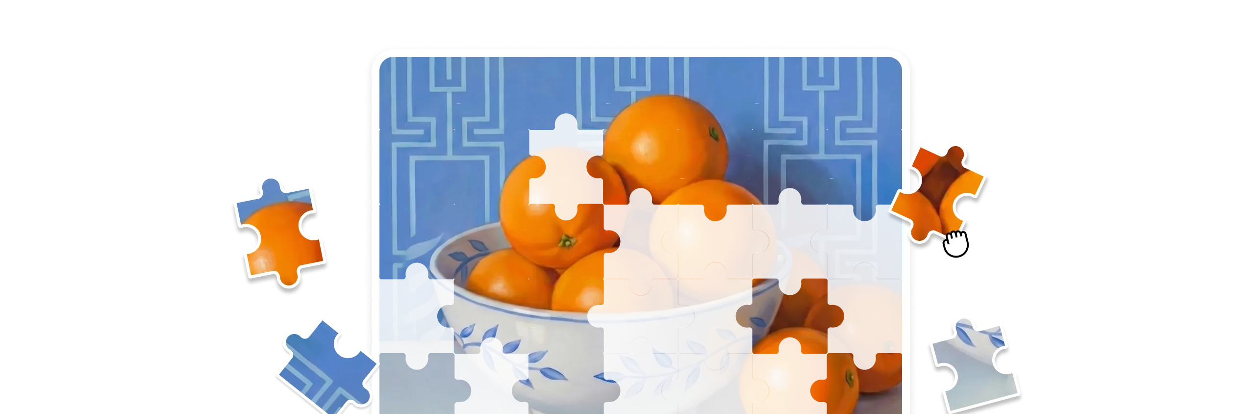 Interactive puzzle quiz with scattered pieces to complete image