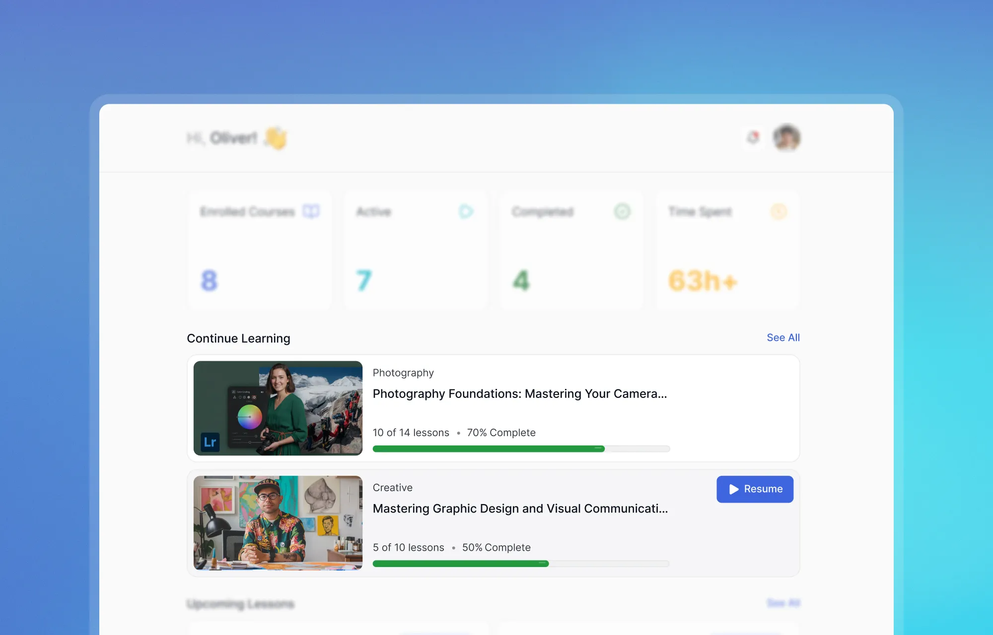 Learner Dashboard Continue Learning Section