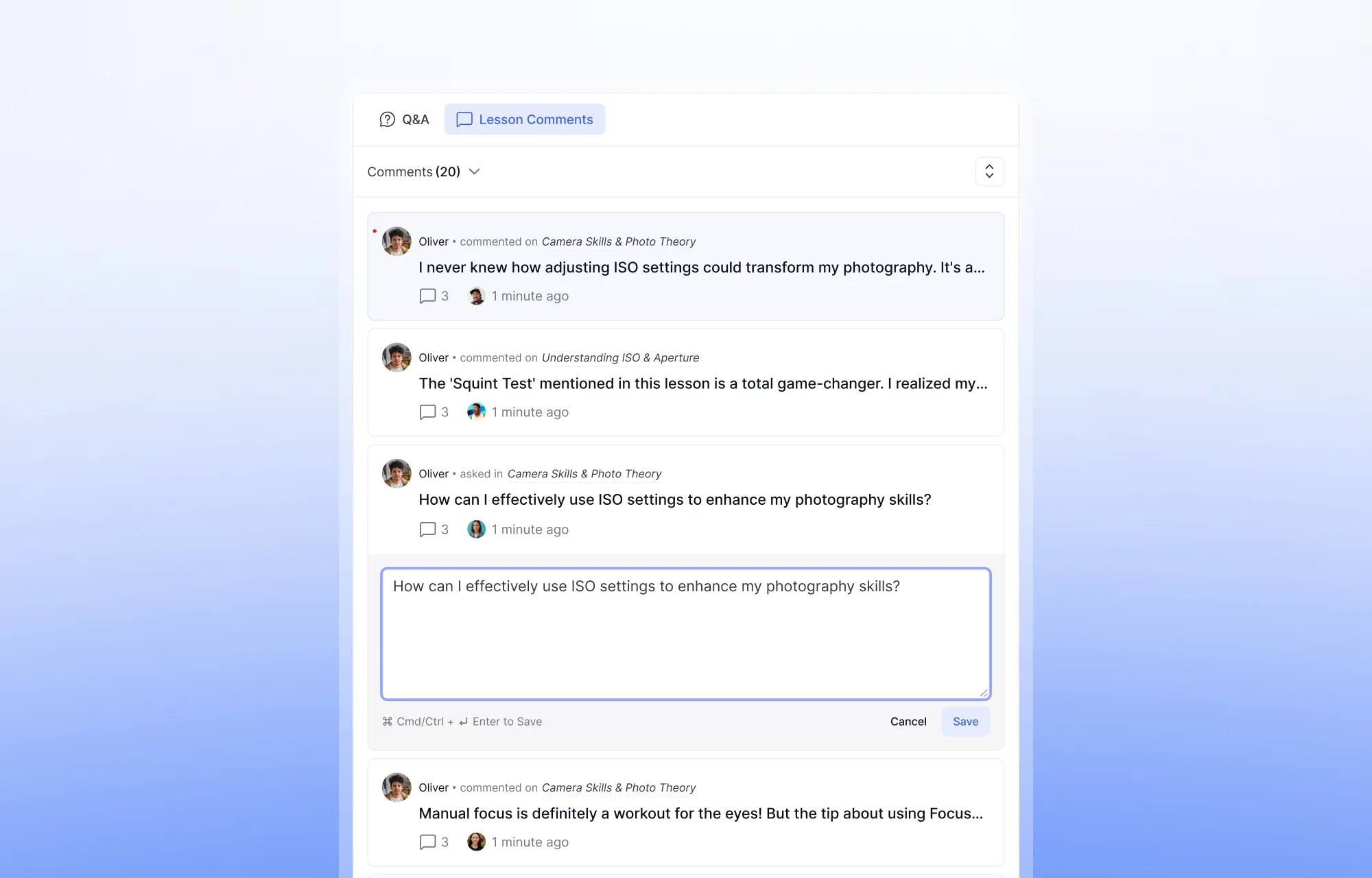 Learner Dashboard Discussion Tab- Student Lesson Comments Archive