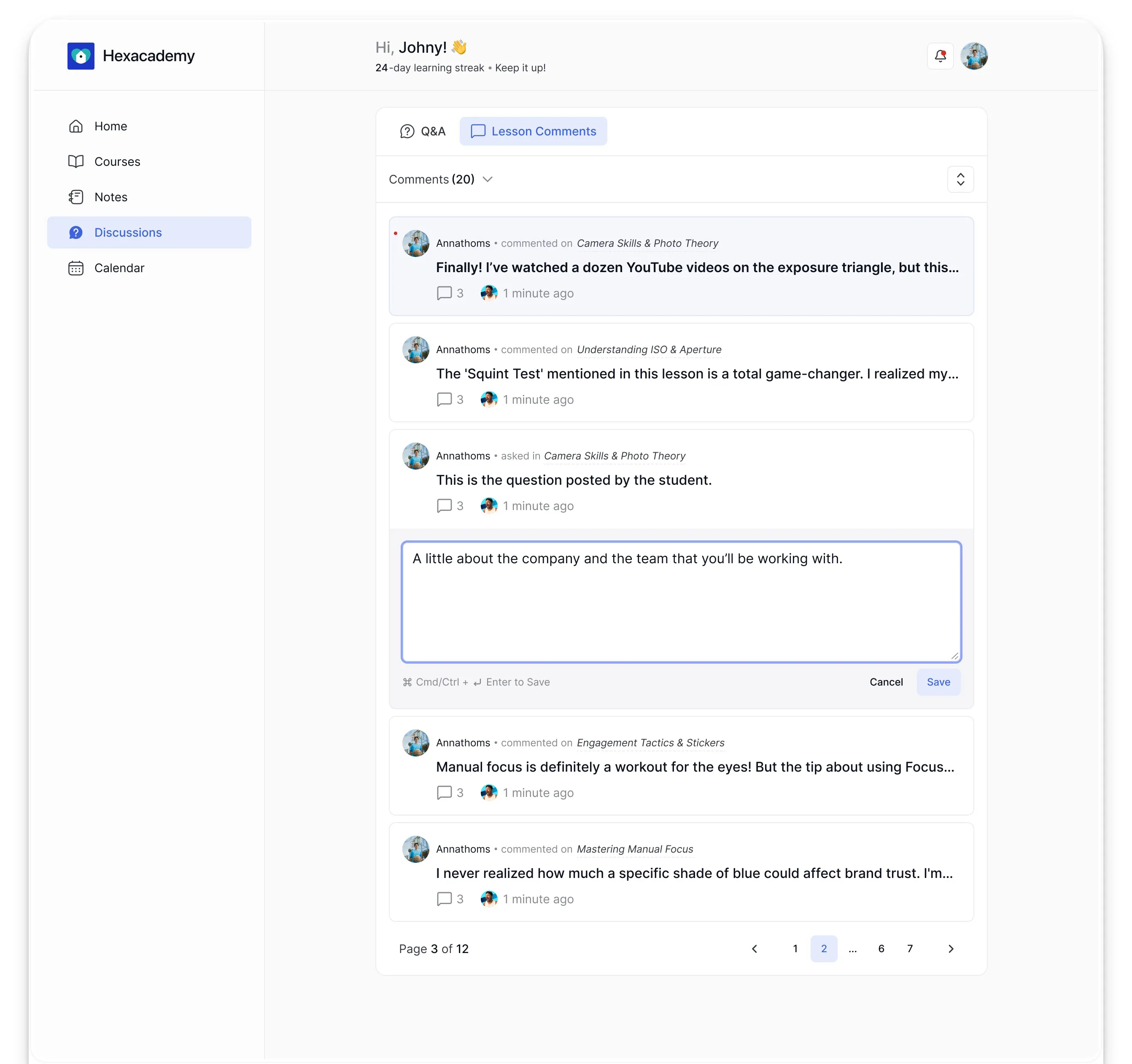 Learner Dashboard Discussion Tab- Student Lesson Comments Archive