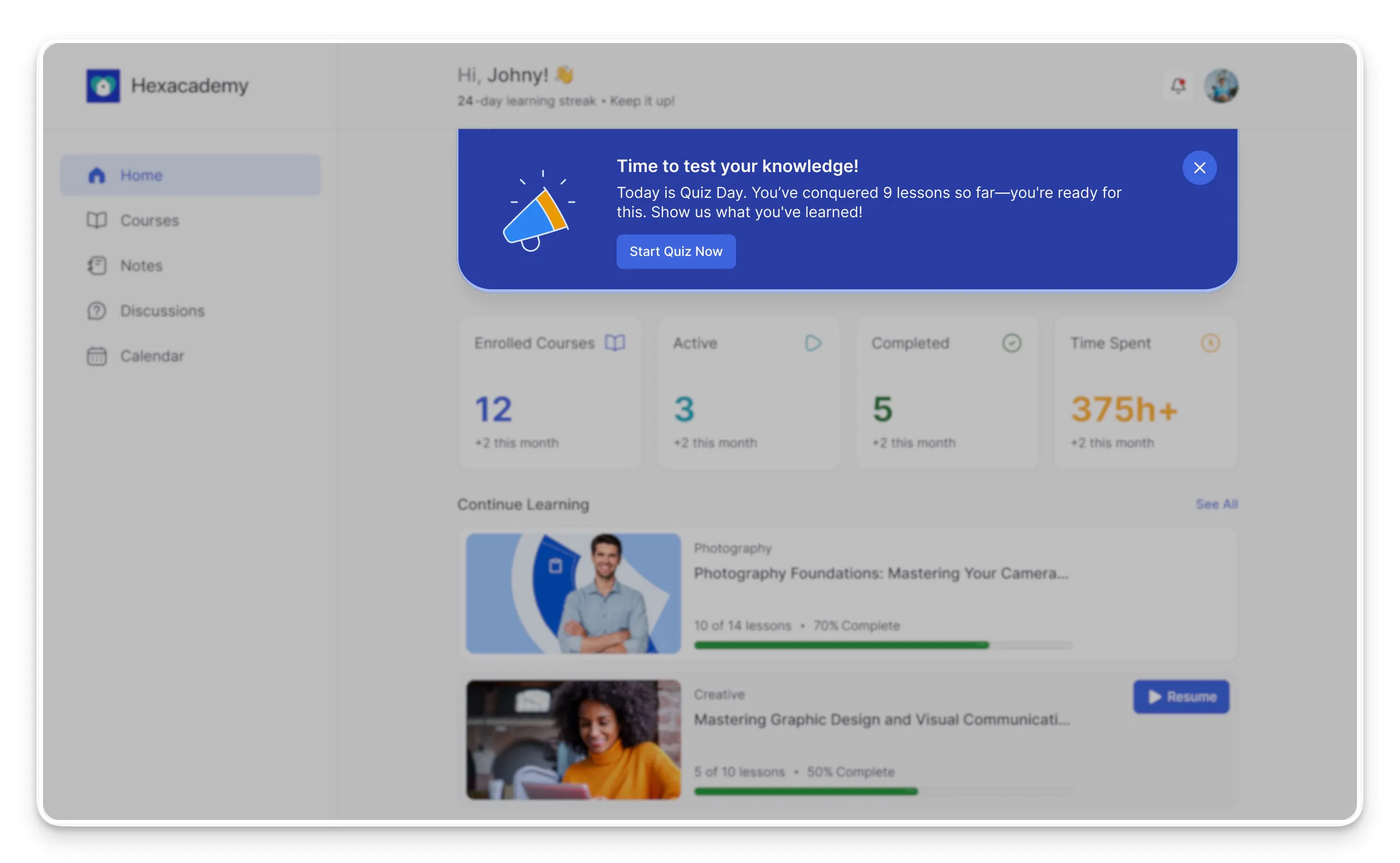 Learner Dashboard Quiz Reminder Notification