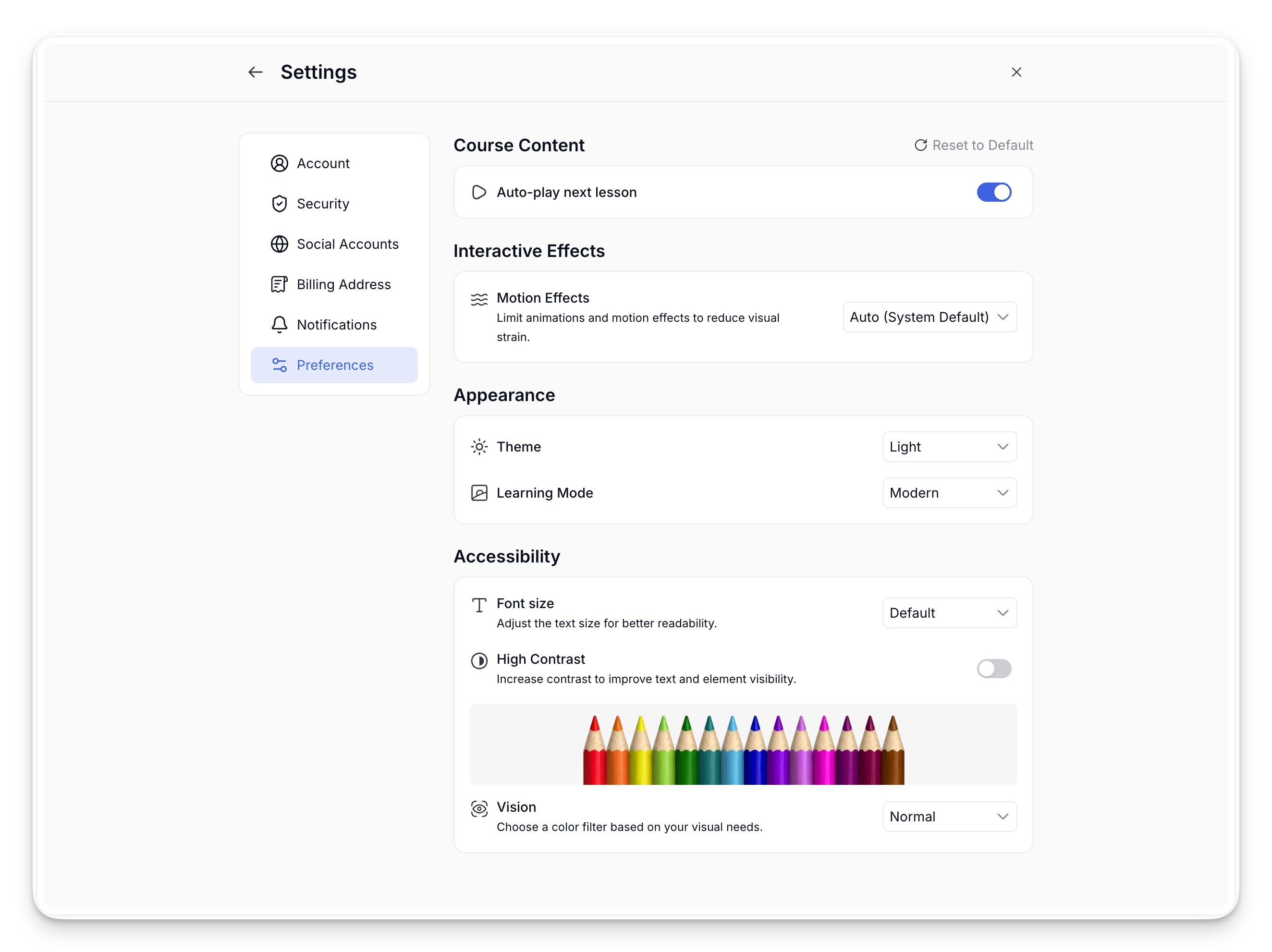 Learner- Settings Preference (Accessibility Dark mode